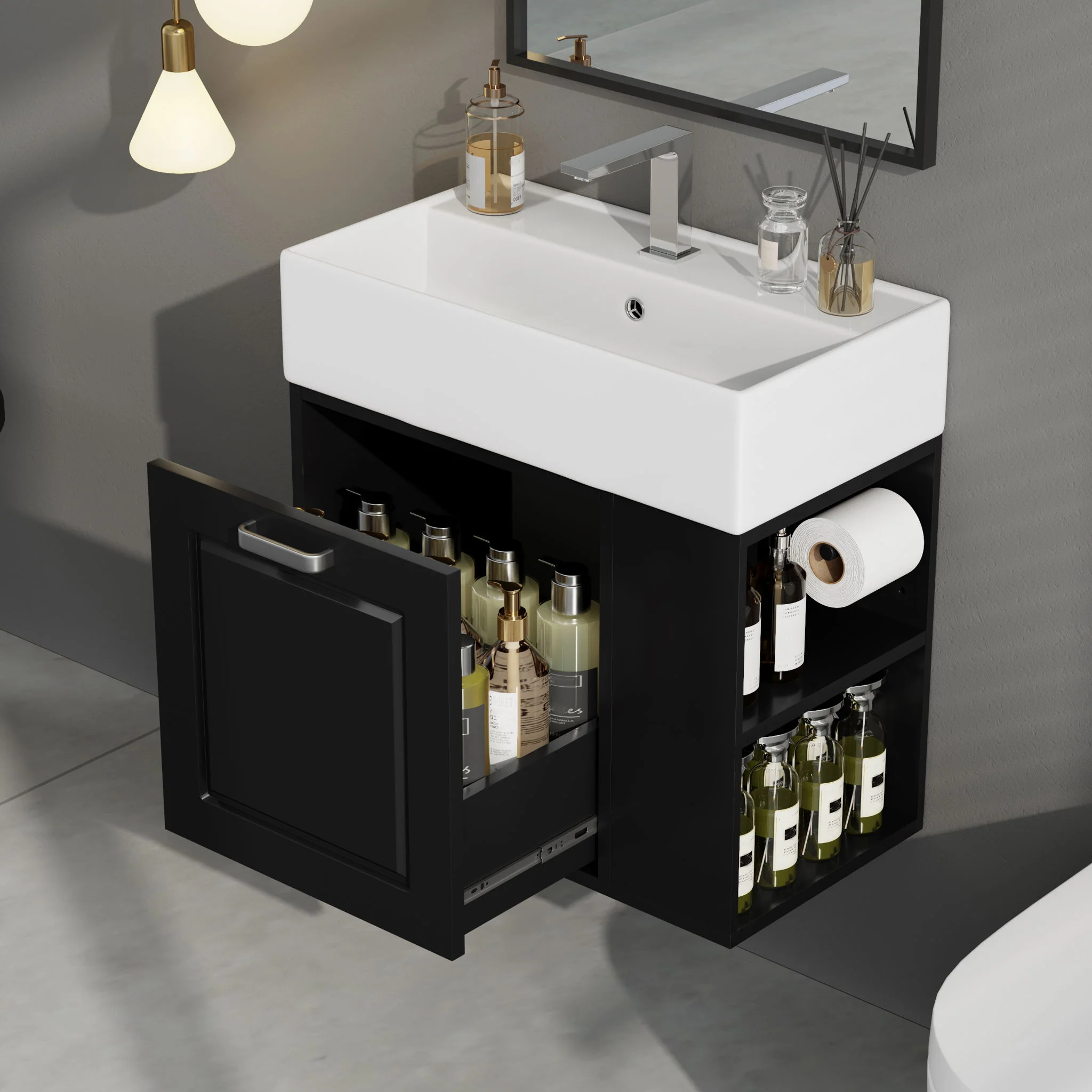 Modern Wall Mounted Bathroom Vanity With Sink, Soft Close Drawer, Adjustable Shelf, Toilet Paper Holder - Image 15