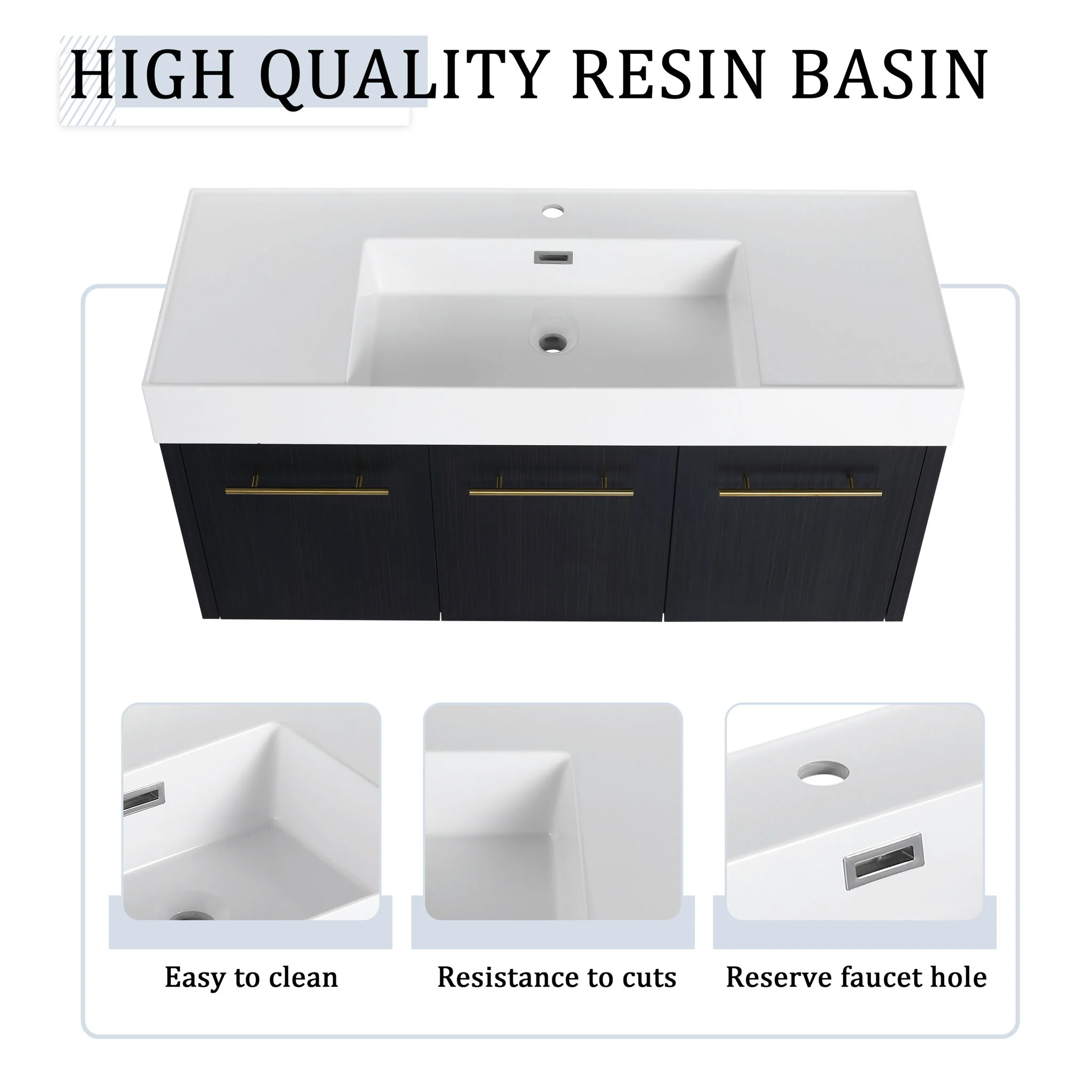 Modern Wall Mounted Bathroom Vanity With Thick Edge Resin Sink And Storage Rack - Image 21