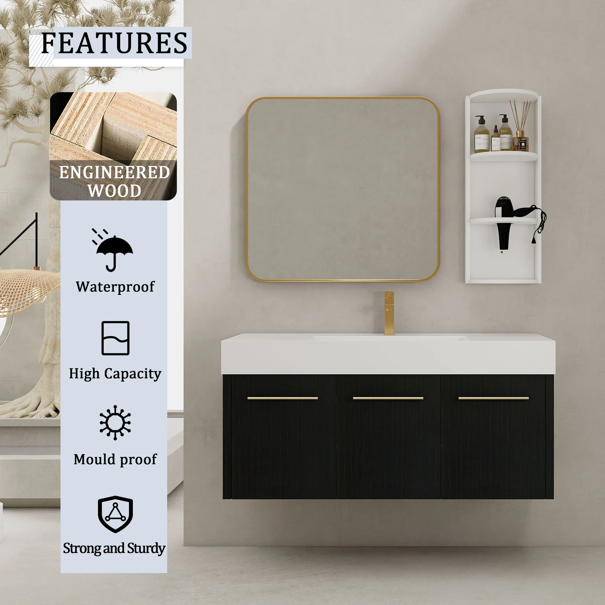 Modern Wall Mounted Bathroom Vanity With Thick Edge Resin Sink And Storage Rack - Image 34