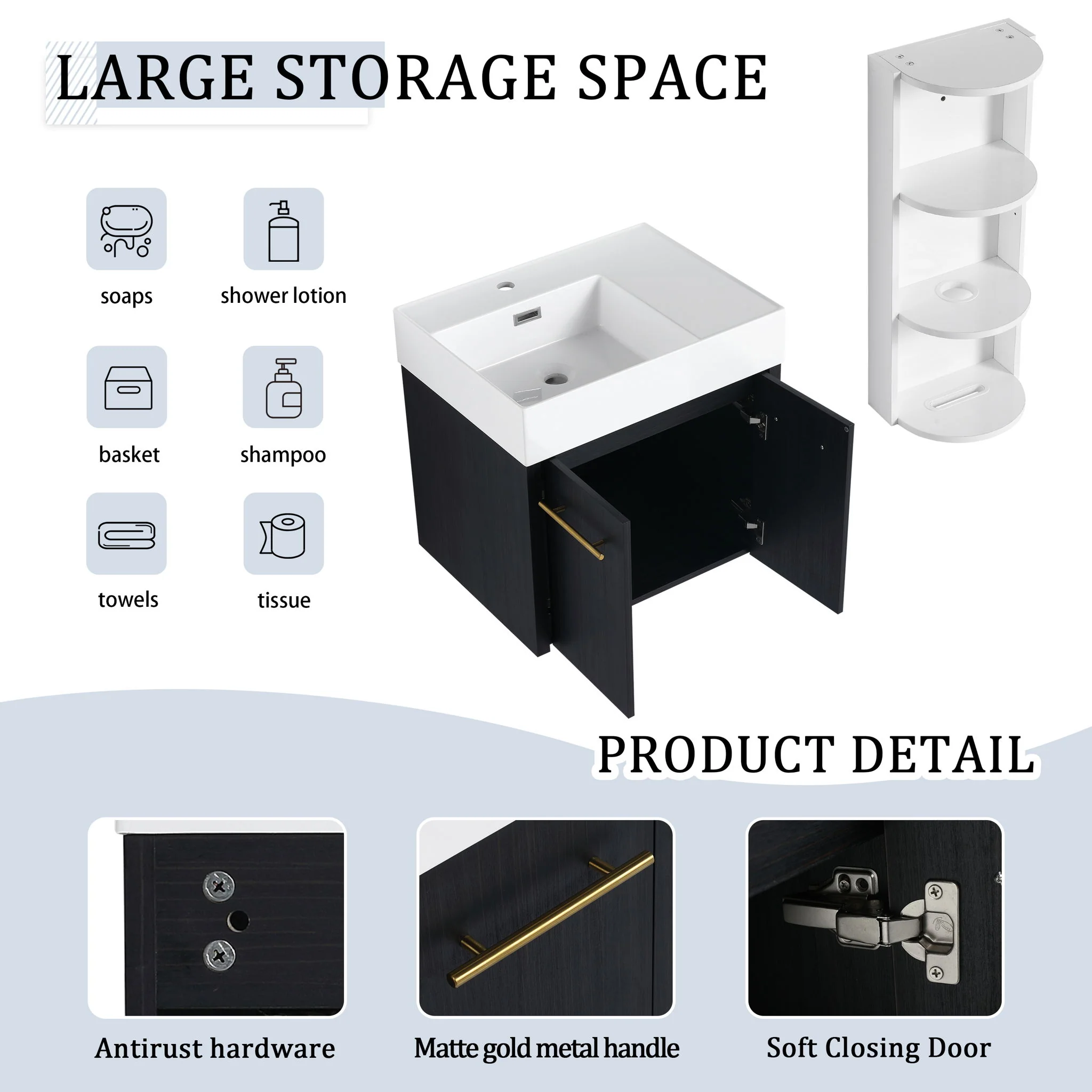Modern Wall Mounted Bathroom Vanity With Thick Edge Resin Sink And Storage Rack - Image 7