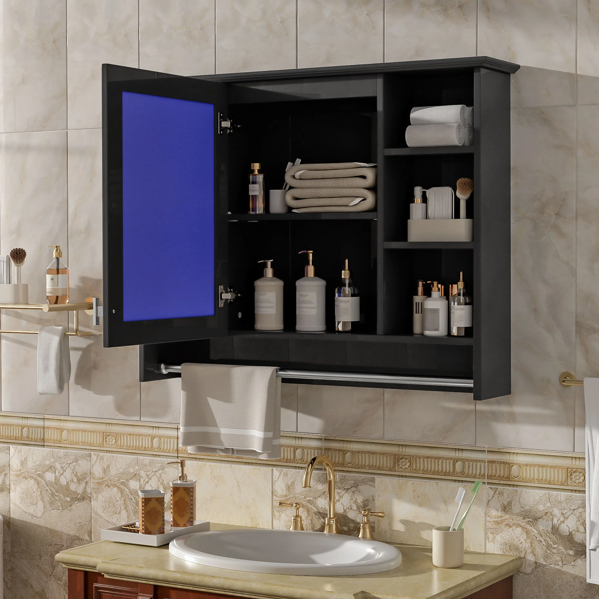 Modern Wall Mounted Mirror Cabinet With Adjustable Shelf, Soft Close Door, And Towel Bar - Image 14
