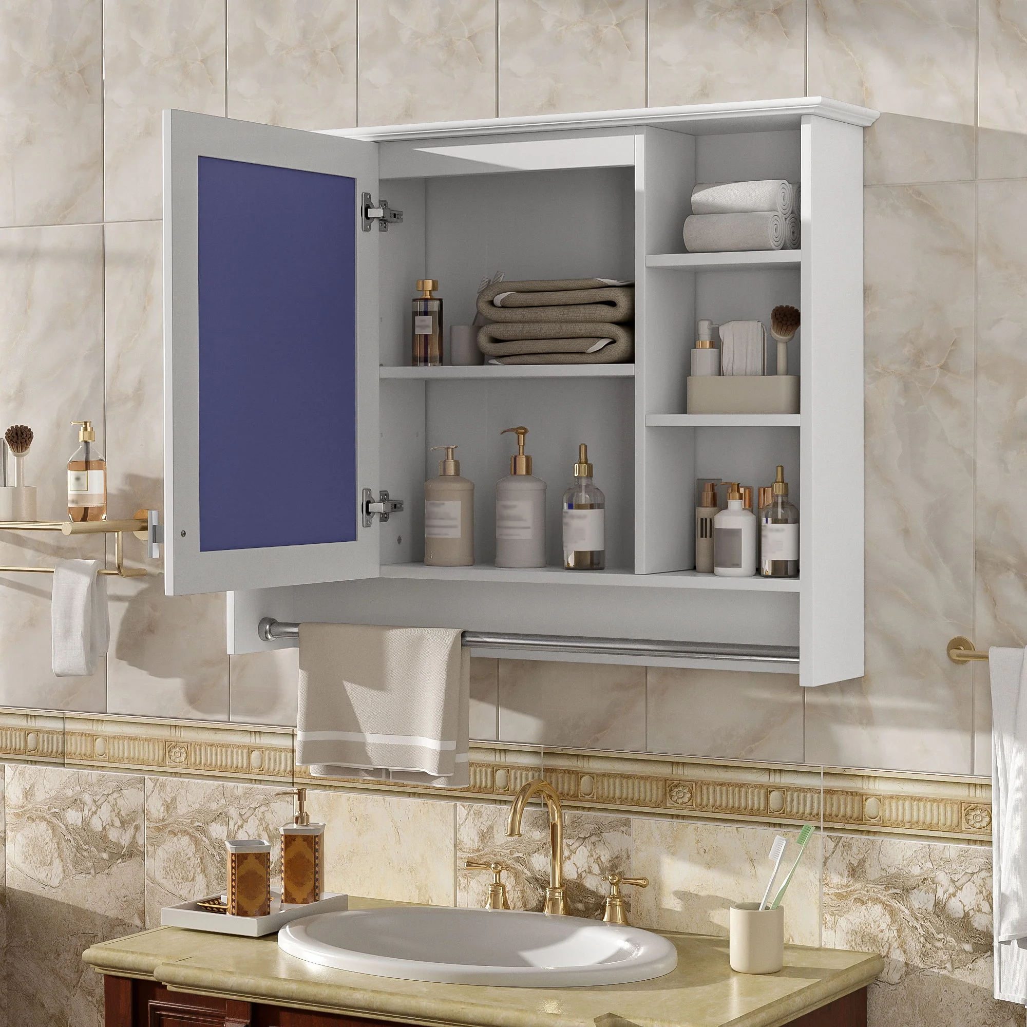 Modern Wall Mounted Mirror Cabinet With Adjustable Shelf, Soft Close Door, And Towel Bar - Image 15