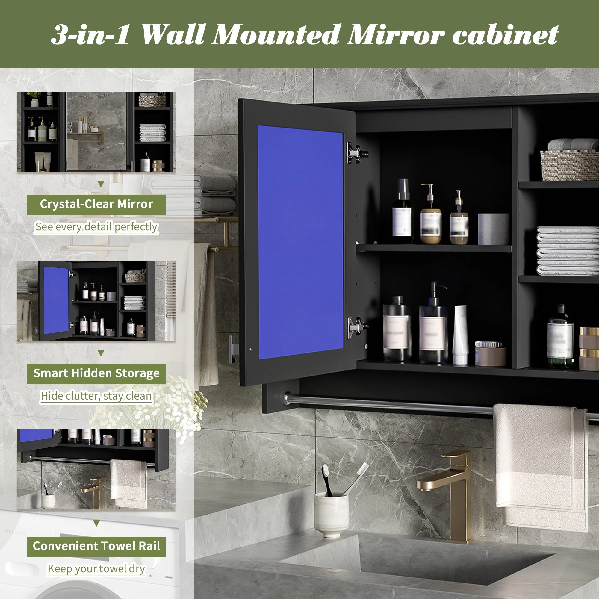 Modern Wall Mounted Mirror Cabinet With Adjustable Shelf, Soft Close Door, And Towel Bar - Image 18