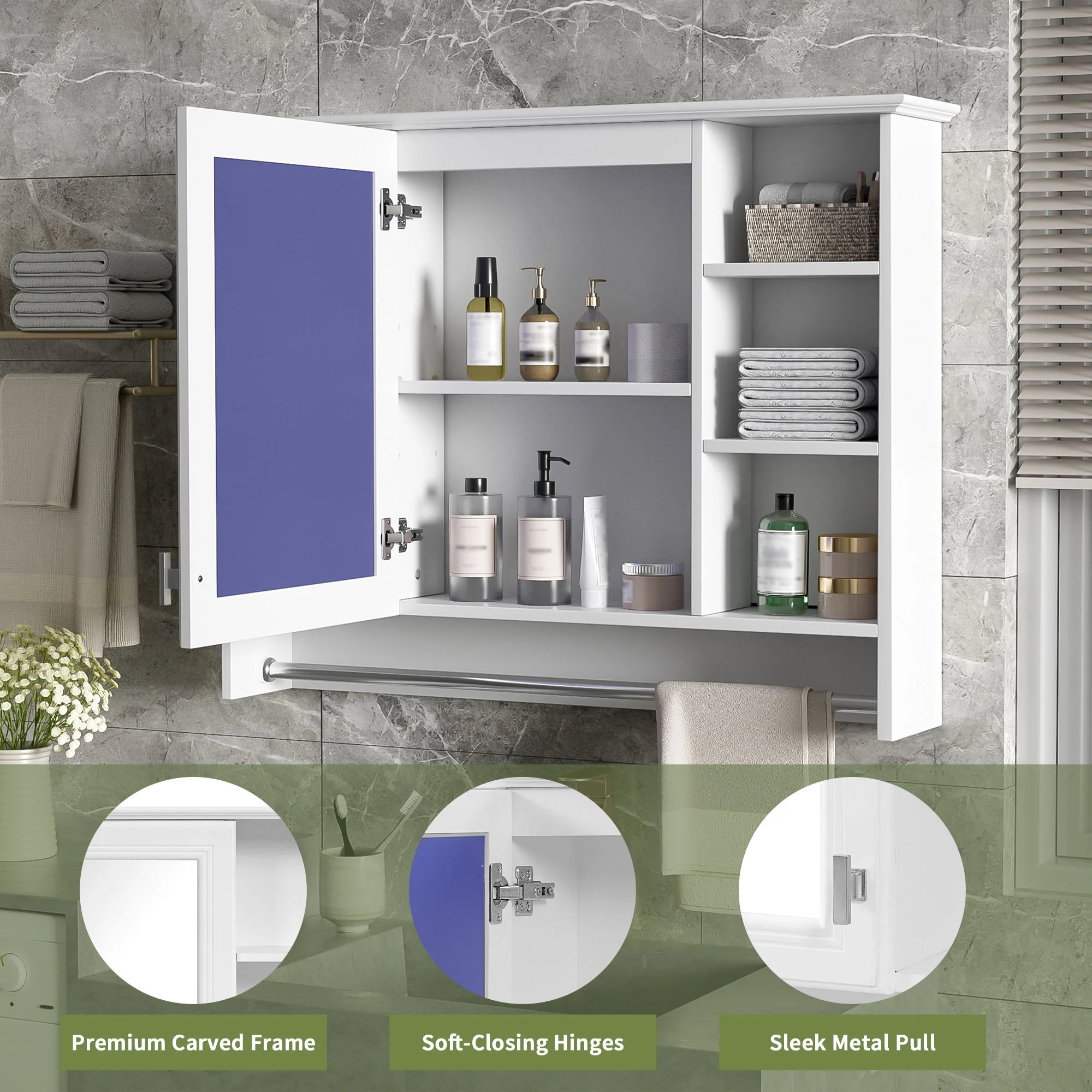 Modern Wall Mounted Mirror Cabinet With Adjustable Shelf, Soft Close Door, And Towel Bar - Image 9