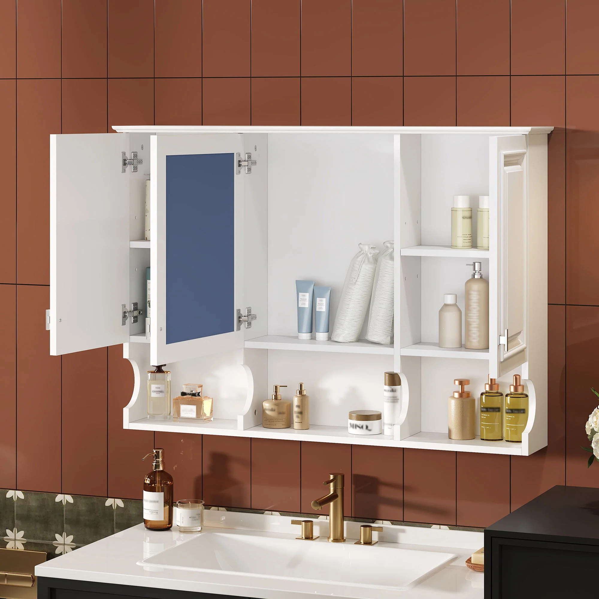 Modern Wall Mounted Mirror Medicine Cabinet With Open Shelves, Adjustable Interior, Storage Over Toilet - Image 10