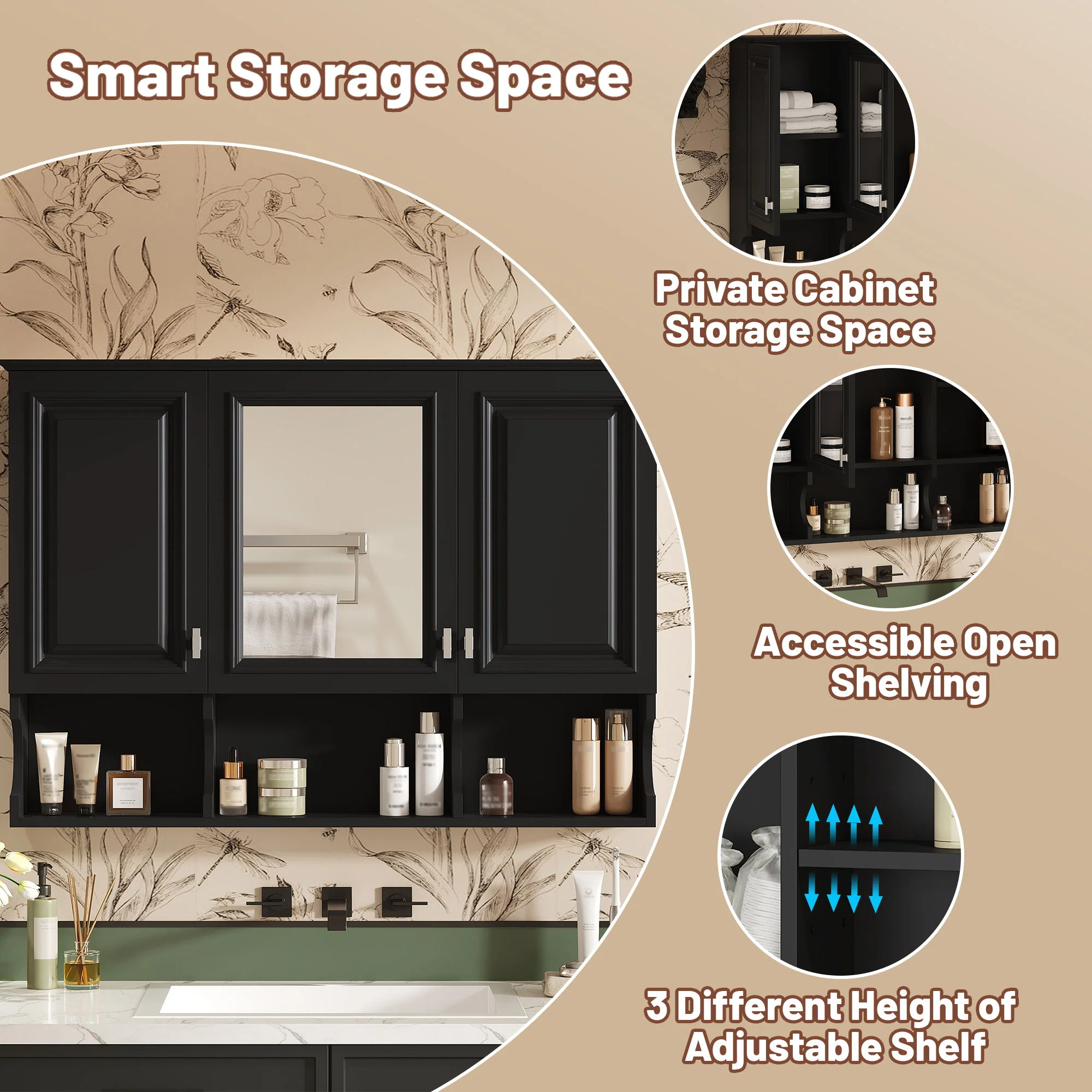 Modern Wall Mounted Mirror Medicine Cabinet With Open Shelves, Adjustable Interior, Storage Over Toilet - Image 14