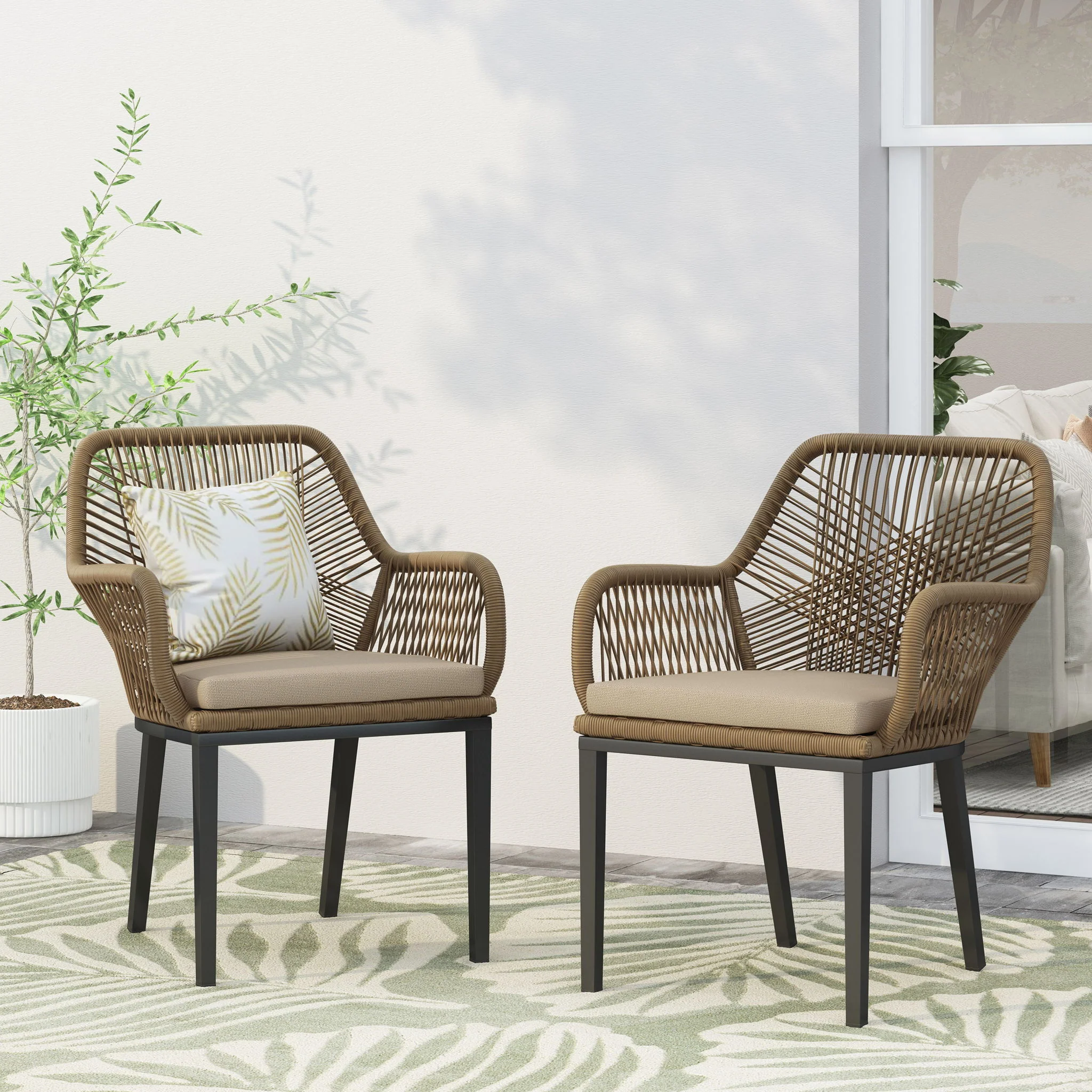 Modern Wicker Dining Club Chair With Water Resistant Cushions - Brown / Beige - Image 9