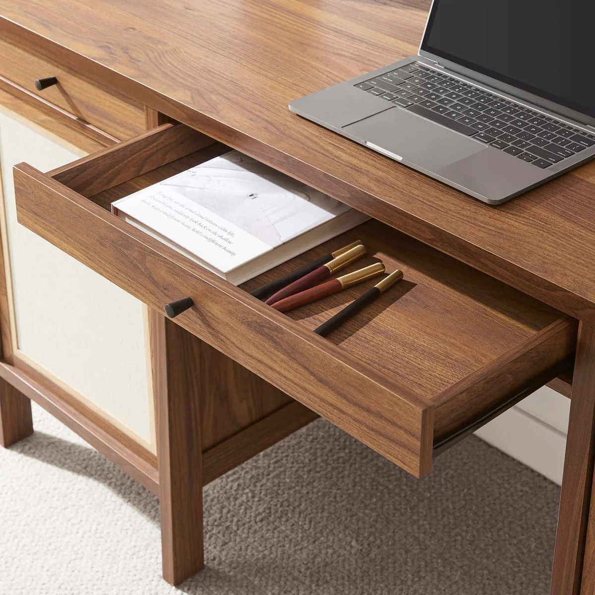58" Walnut Modern Wood Grain Office Desk with Storage Cabinets - Image 4