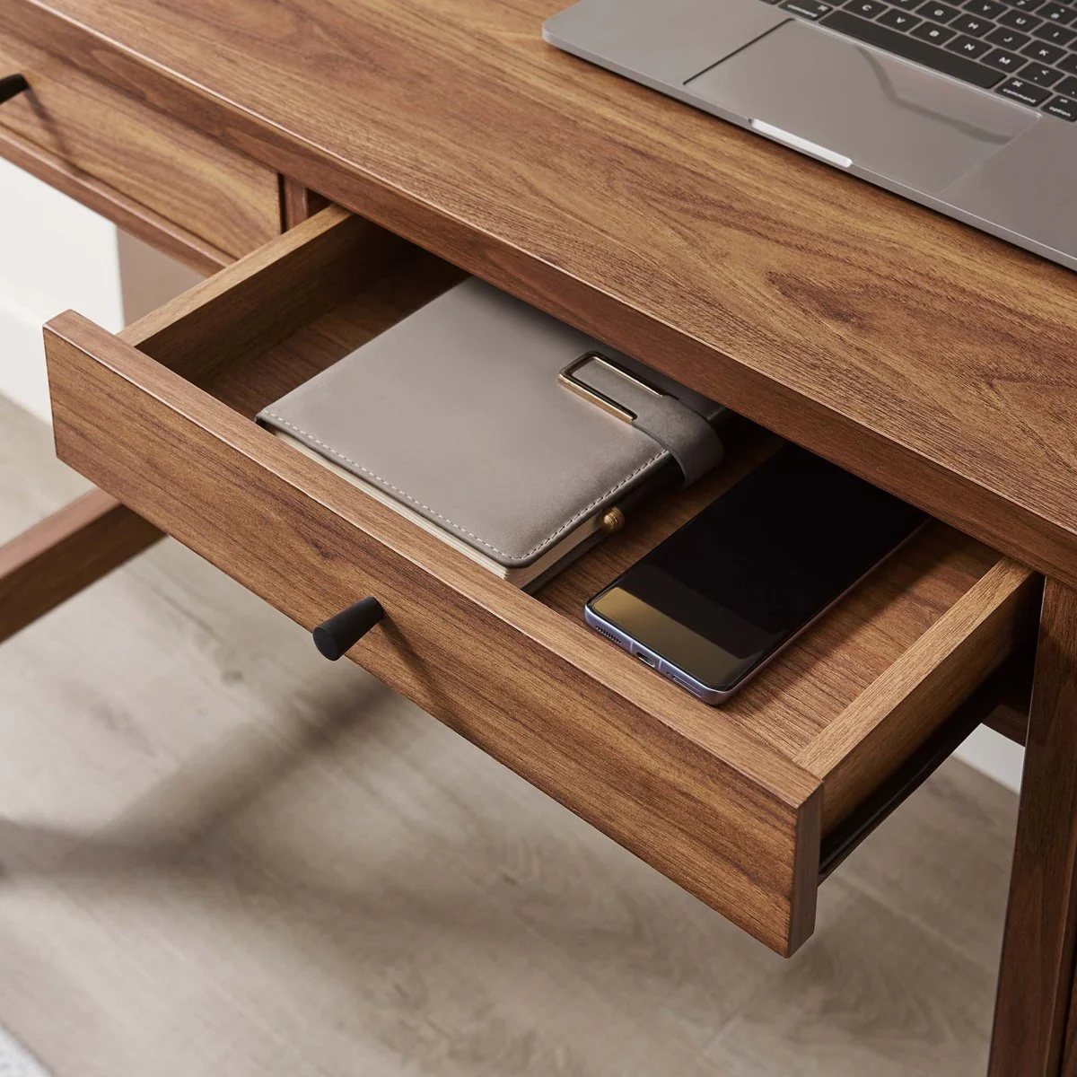 49" Walnut Modern Wood Grain Office Desk with Storage Drawers - Image 4