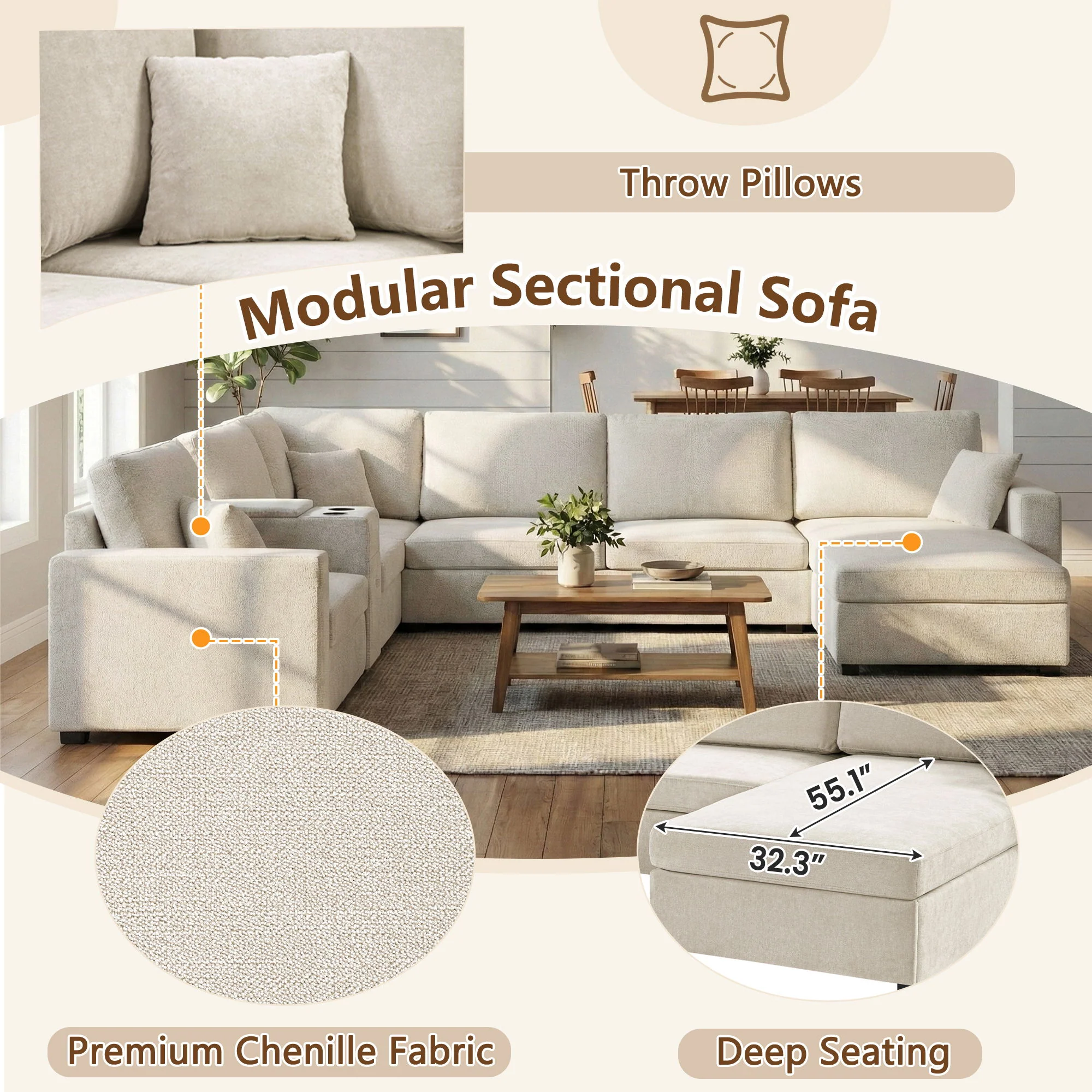 Modular 5 Seat U-Shape Sectional Sofa With Chaise Lounge, Built In Cup Holders And Storage Drawer - Image 5