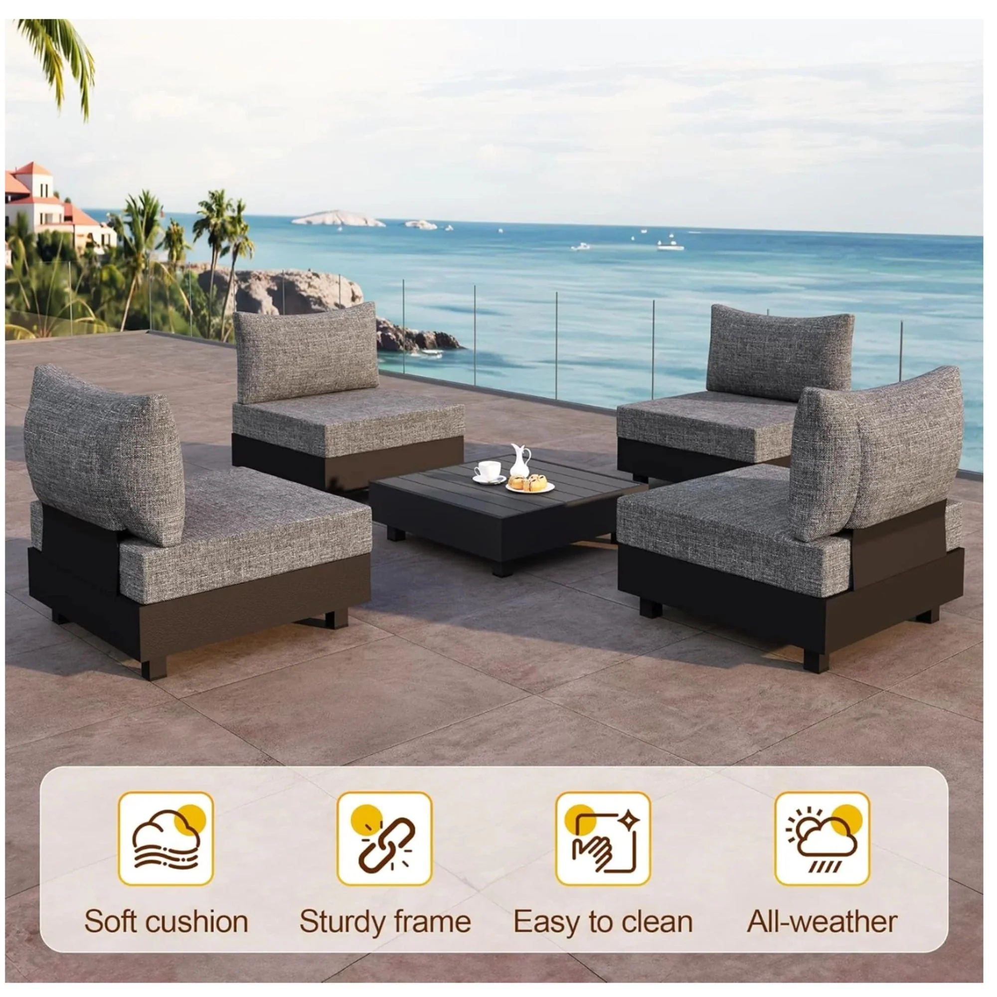 Modular Armless Chairs With Coffee Table For Garden (Set of 2) - Gray - Image 2