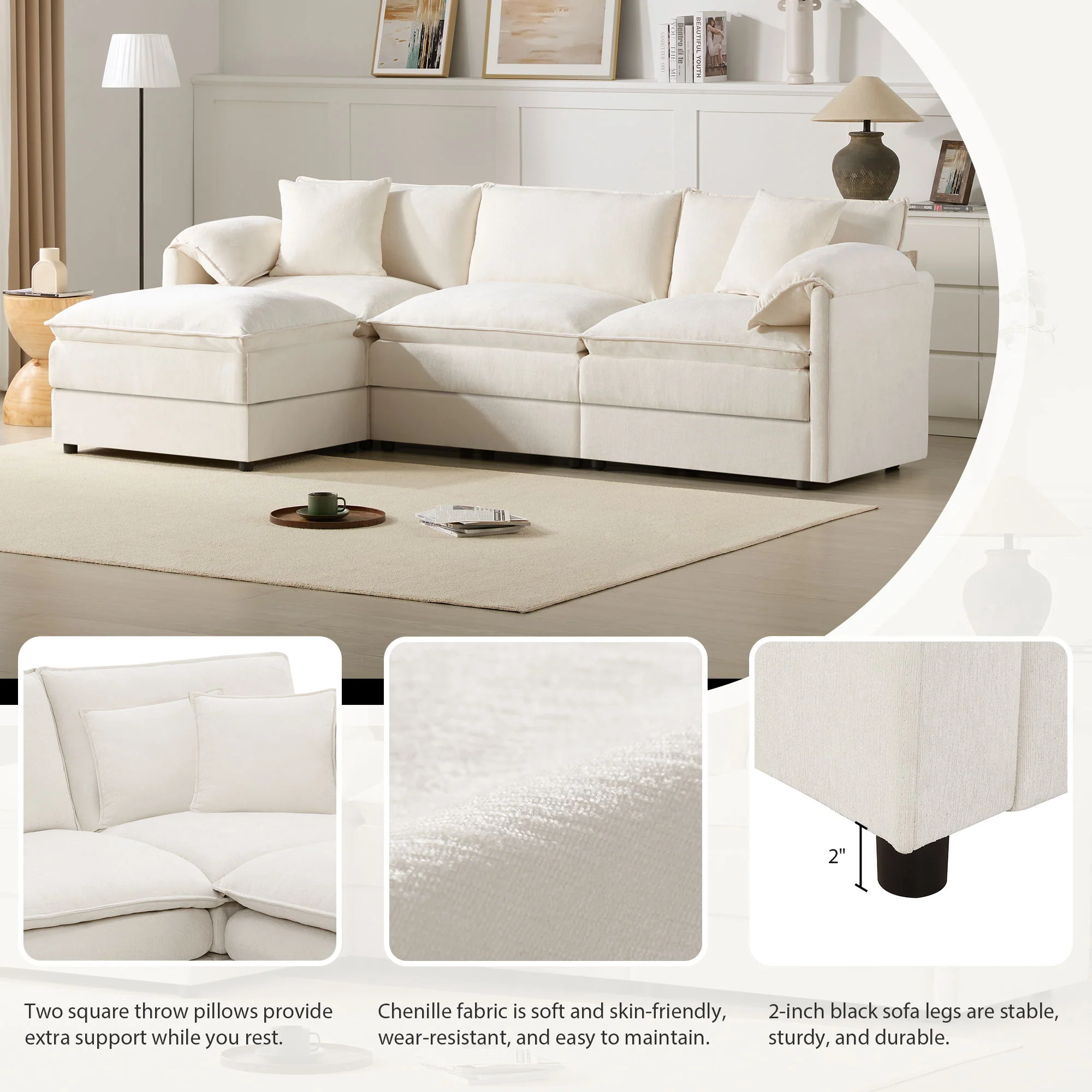 Modular Sectional With Deep And Wide Seat, Cloud Couch Set With Double Cushions Sofa With Movable Ottoman - Image 14