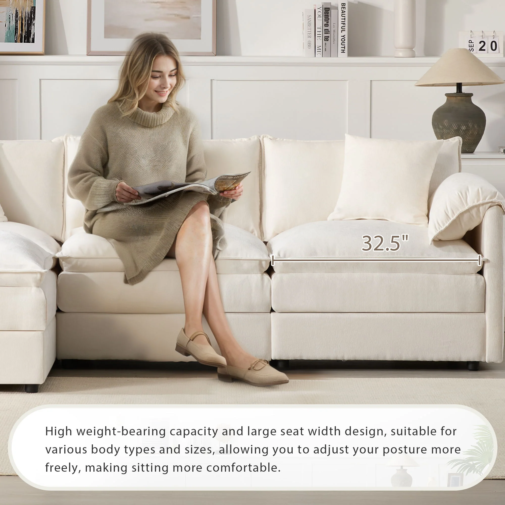Modular Sectional With Deep And Wide Seat, Cloud Couch Set With Double Cushions Sofa With Movable Ottoman - Image 5
