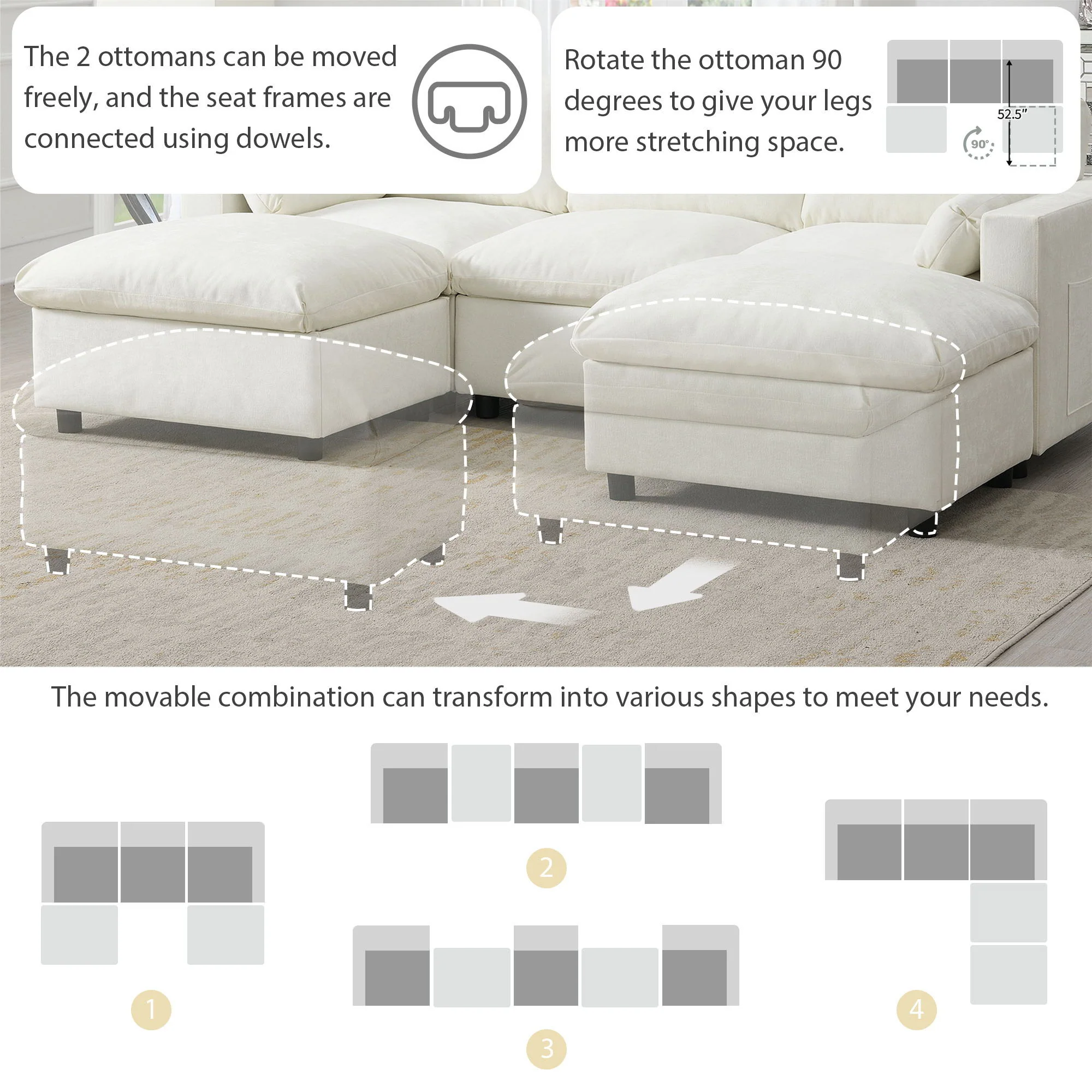 Modular Sectional With Storage Pockets, 5 Seat U Shaped Couch Set With Pillows, Free Combination Modern Cloud Sofa With 2 Movable Ottoman - Image 9