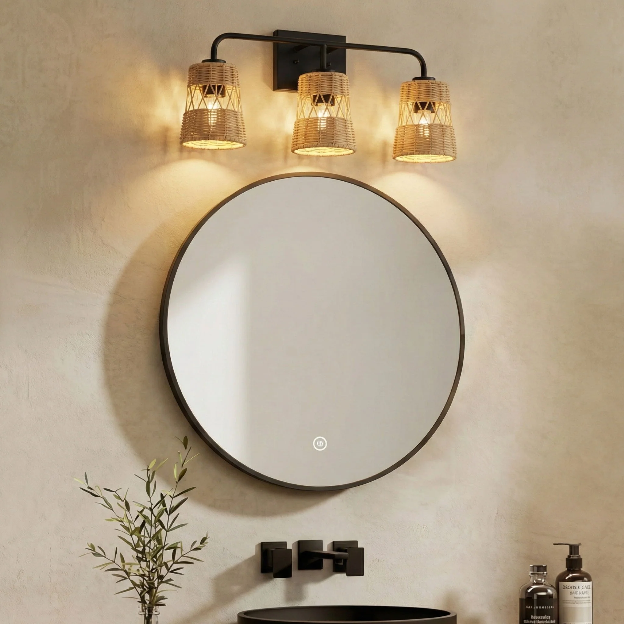 Moonlit - 3 Lights Wall Sconce With Shade, Bathroom Lighting Fixtures Over Mirror - Black / Rattan - Image 5