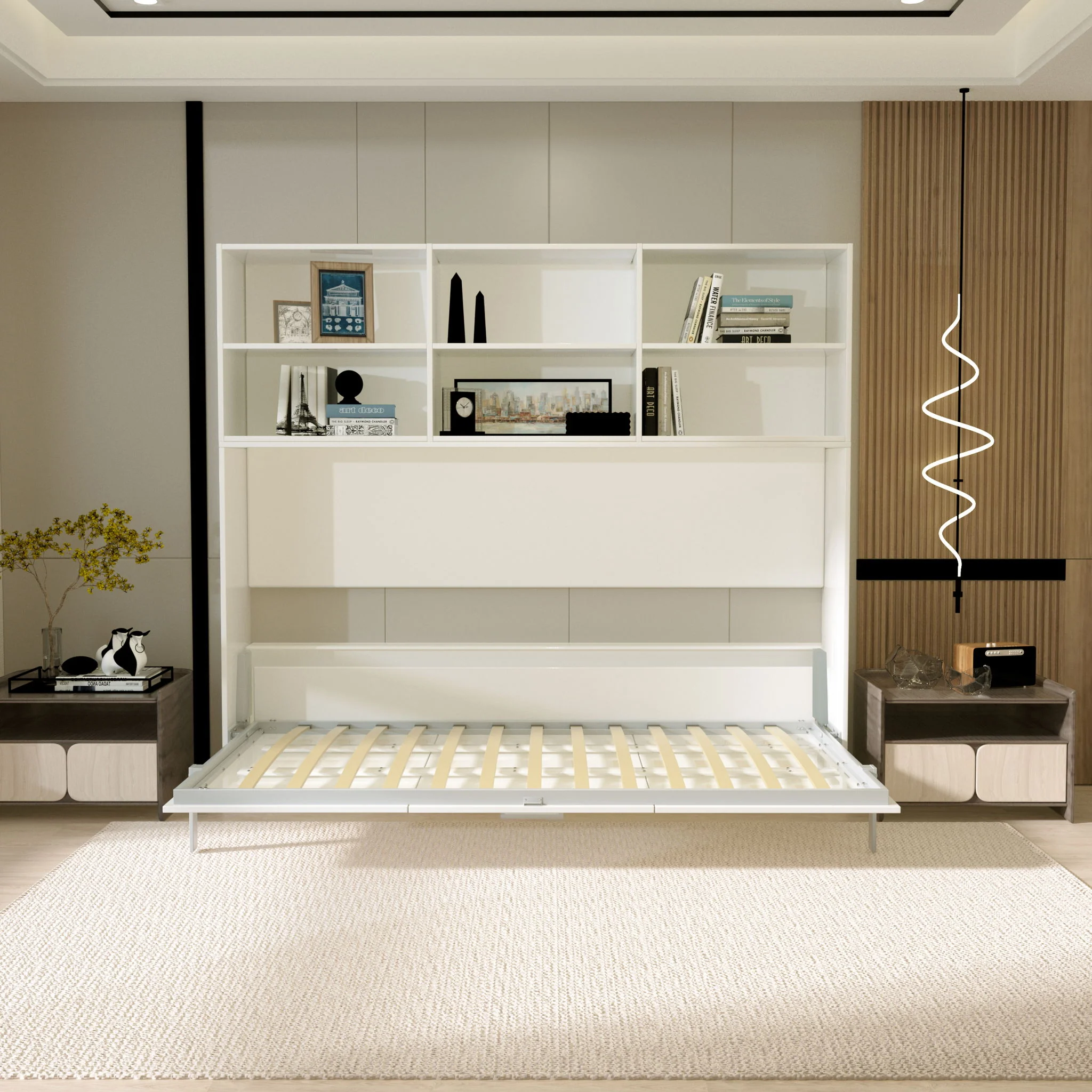 Mordern Design Twin Size Horizontal Murphy Bed With Shelf Storage For Bedroom Or Guestroom Wall Bed Space Saving Hidden Bed With New Style Gas Struts - White - Image 6