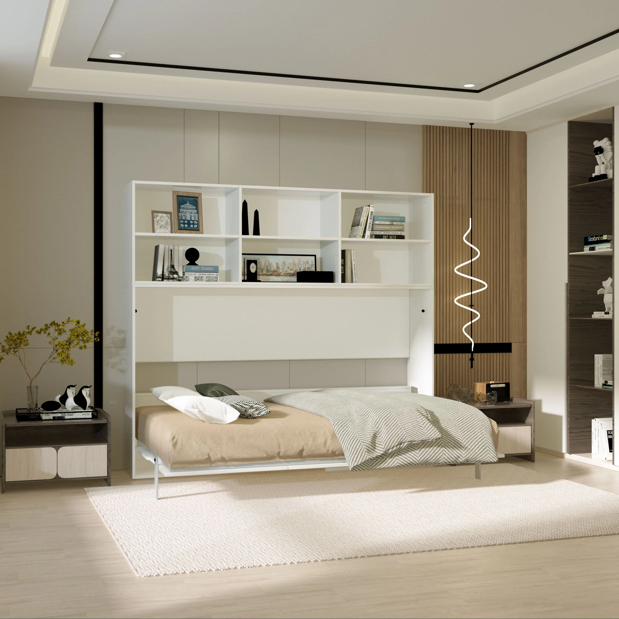 Mordern Design Twin Size Horizontal Murphy Bed With Shelf Storage For Bedroom Or Guestroom Wall Bed Space Saving Hidden Bed With New Style Gas Struts - White - Image 8