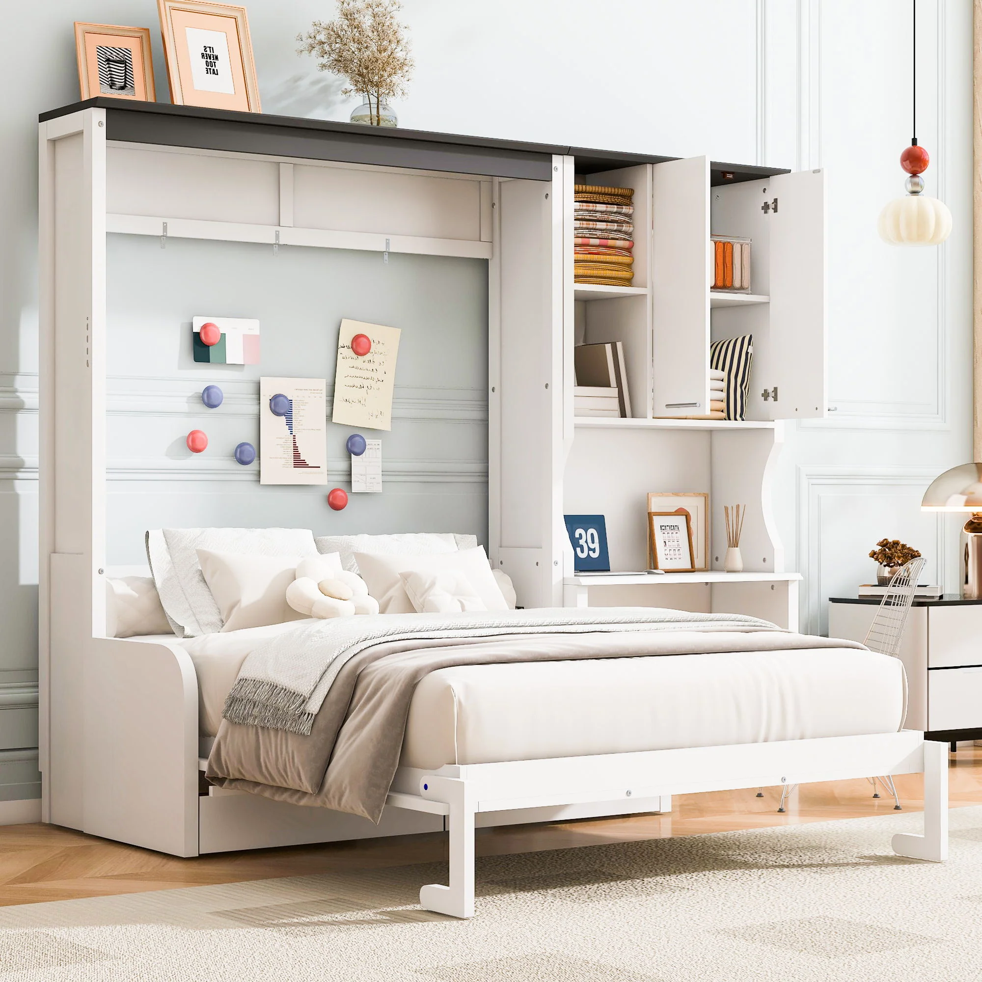 Multi Functional Murphy Bed With Sofa, Desk, And Storage Cabinet In, Full Size - White - Image 3