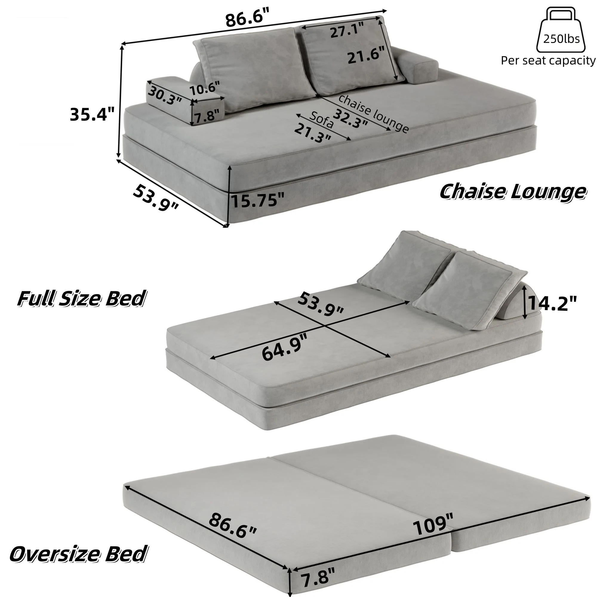 Multifunctional Convertible Sofa Bed With 2 Tumbler Backrests And 2 Pillows, Deep Seat Couch - Image 17