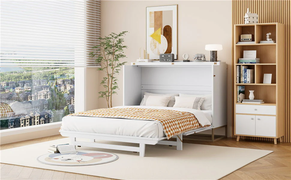 Murphy Bed With Frosted Glass Doors Design, Fake Drawers, Metal Legs - Image 8