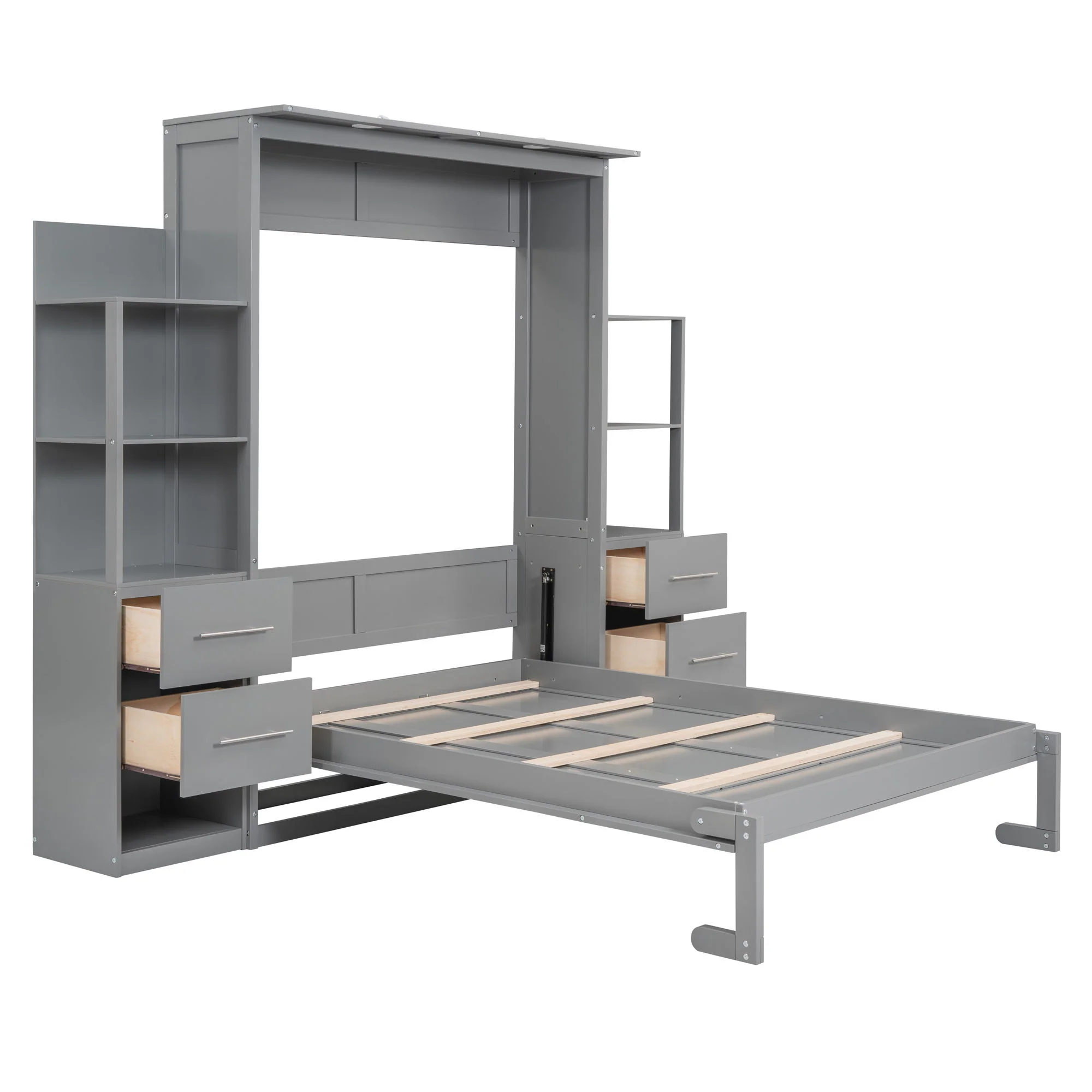 Murphy Wall Bed With LED Lights, Shelves And Drawers - Image 6