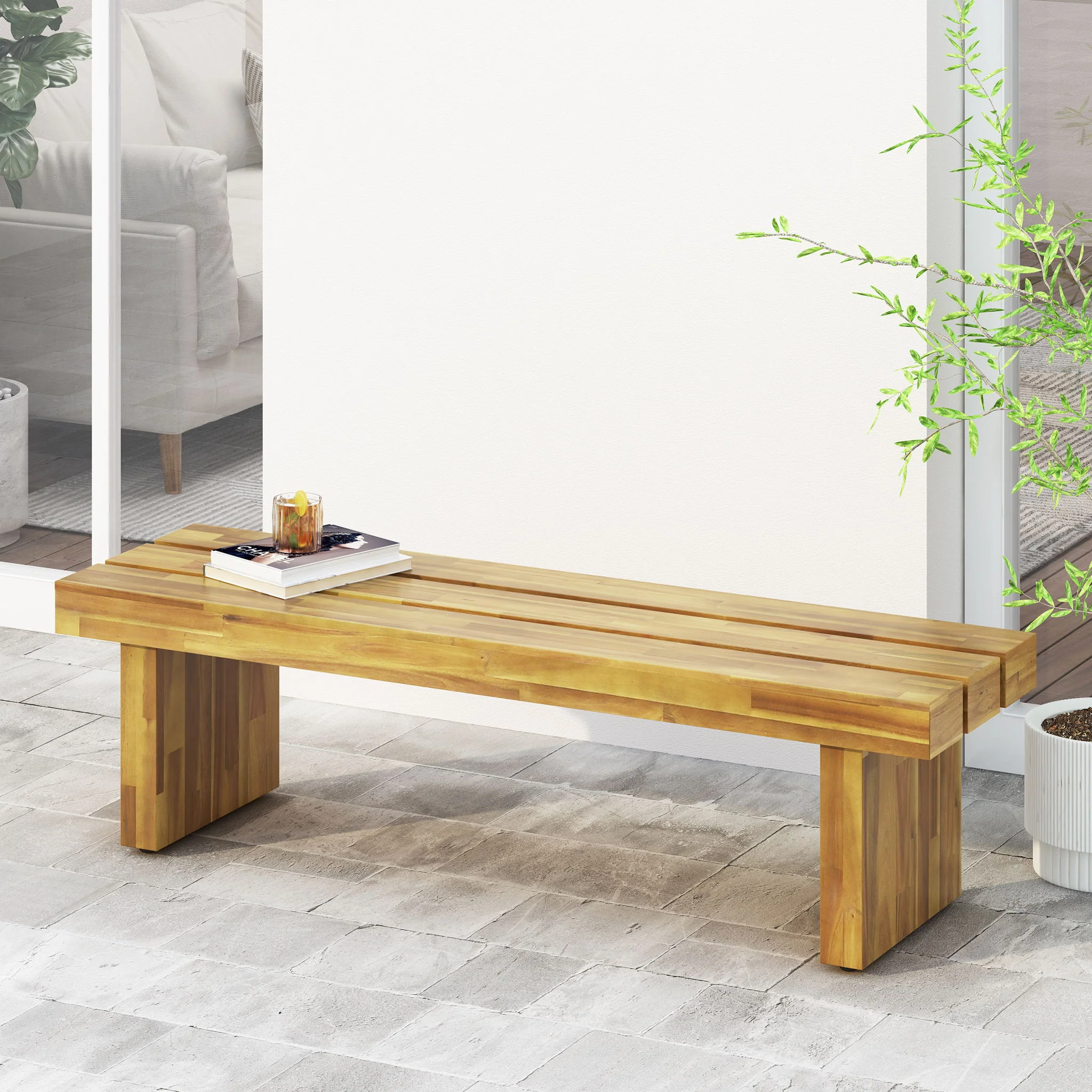 Nahanni - Rustic Acacia Wood Bench With Slat Design - Natural - Image 6