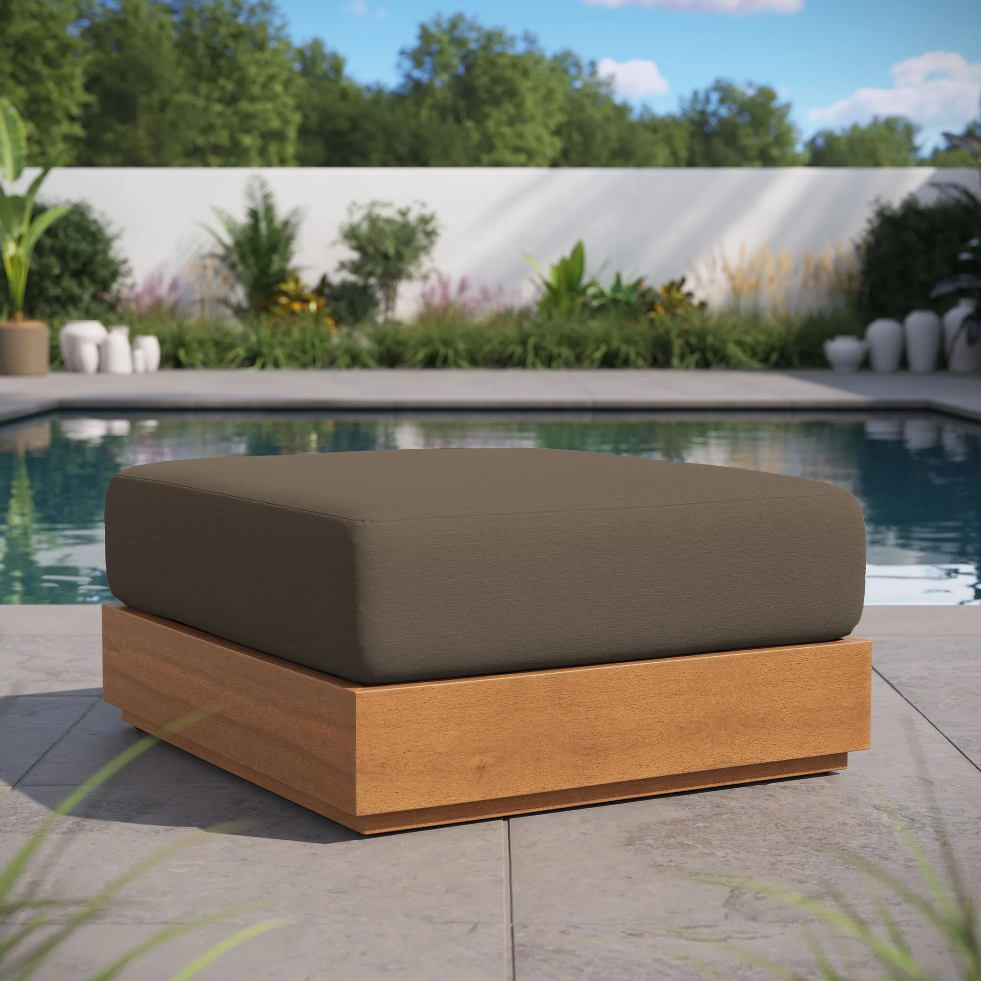 Natural Outdoor Patio Acacia Wood Ottoman — Durable Garden Deck Poolside Footrest - Image 19