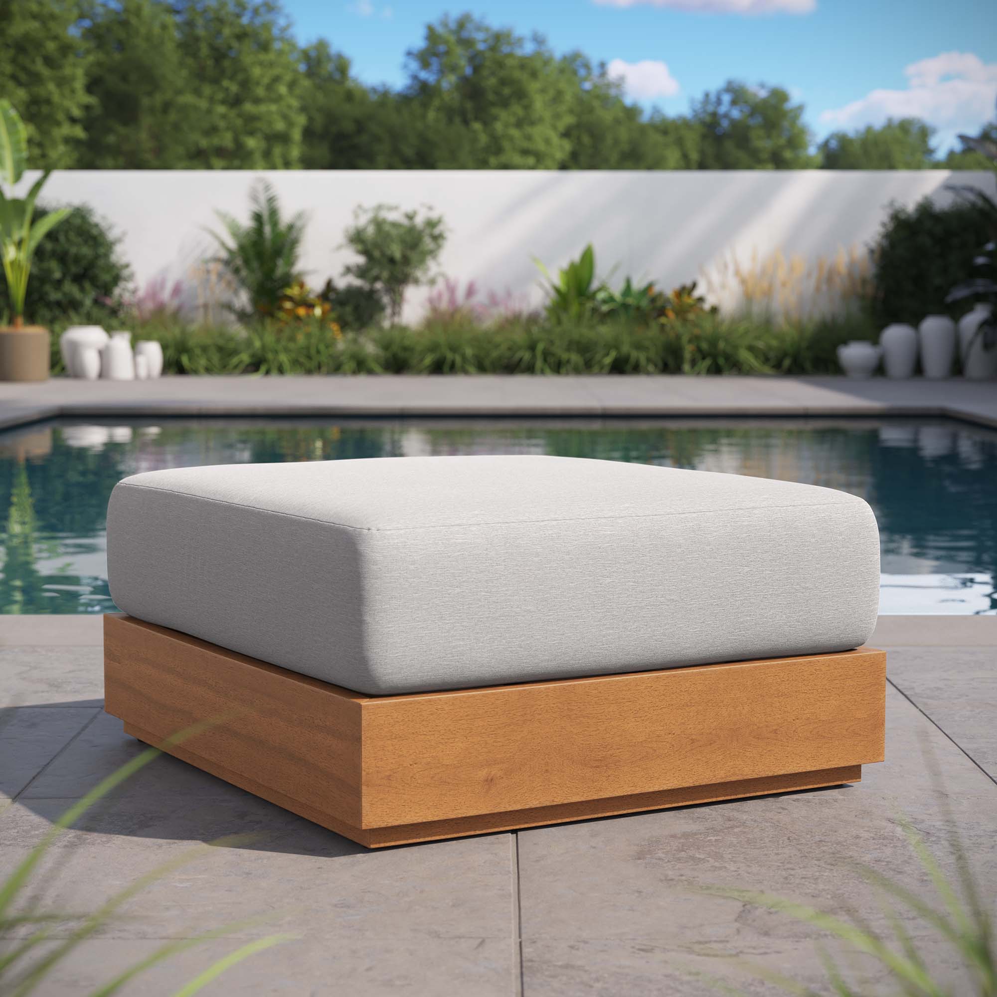 Natural Outdoor Patio Acacia Wood Ottoman — Durable Garden Deck Poolside Footrest - Image 9