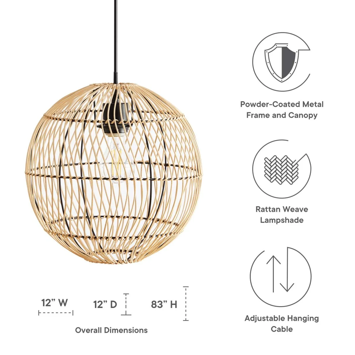 1-Light Natural Rattan Pendant Light – Modern Farmhouse Hanging Fixture - Image 3