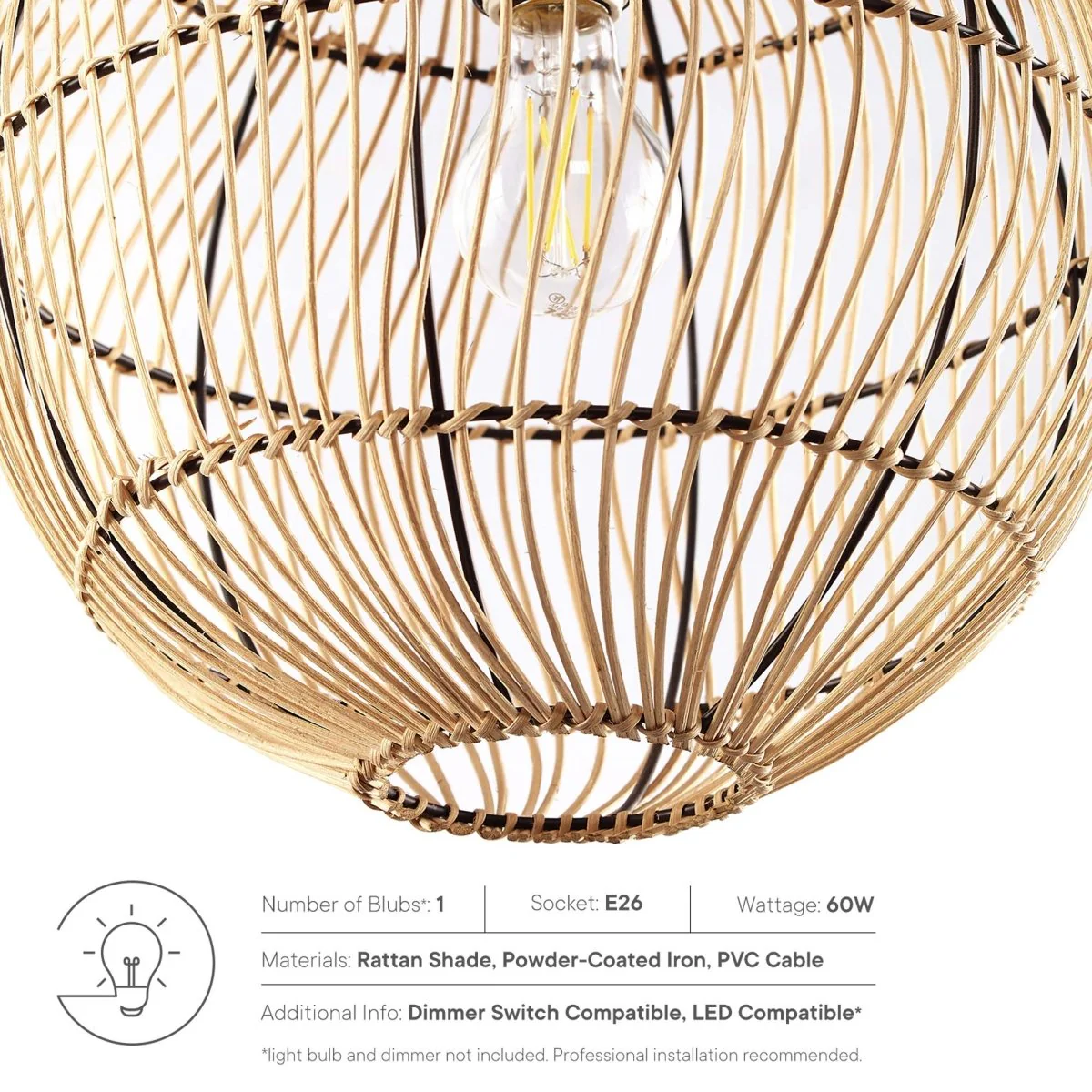 1-Light Natural Rattan Pendant Light – Modern Farmhouse Hanging Fixture - Image 4