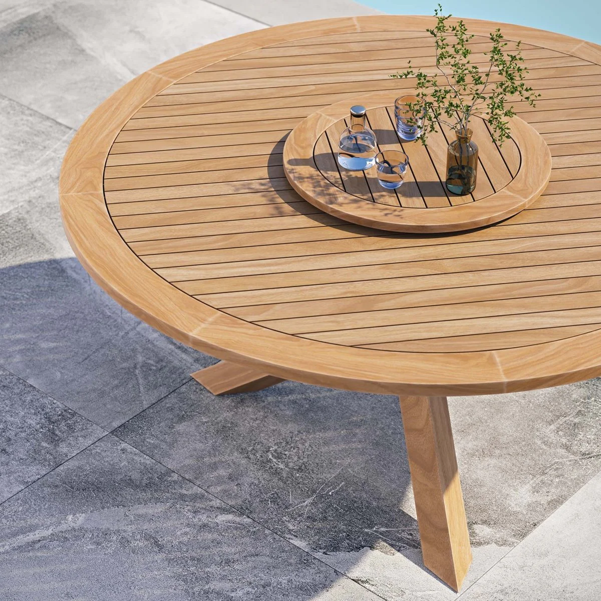 63" Natural Teak Round Outdoor Dining Table with Lazy Susan - Image 3