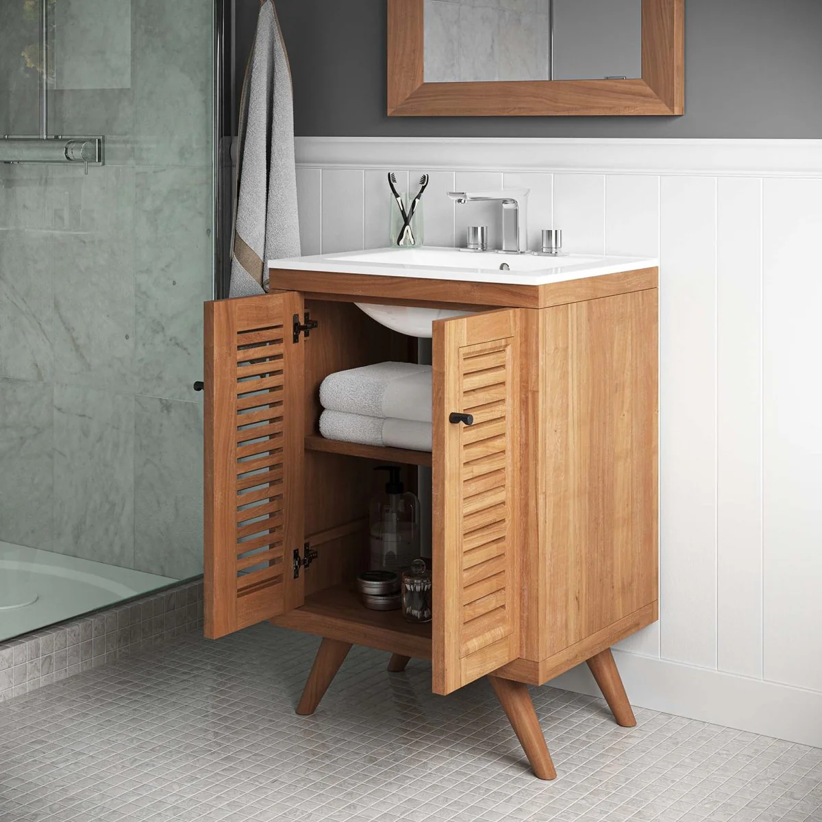 Natural Teak Wood Bathroom Vanity Cabinet – Coastal Slatted Design with Storage - Image 4
