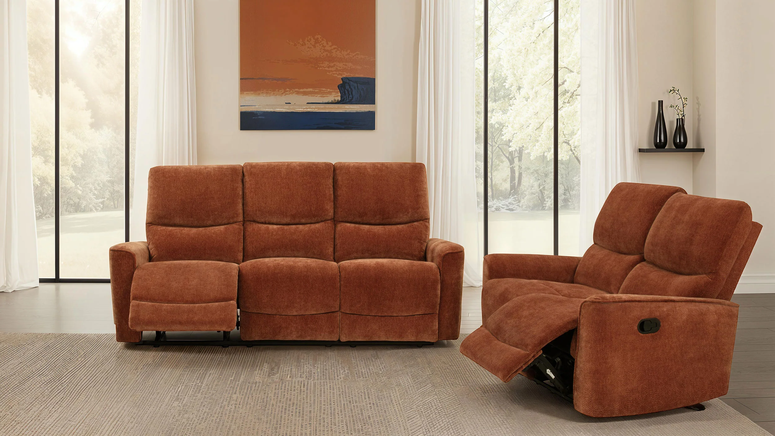 Navarro Chenille Reclining Loveseat in Burnt Orange - Image 15