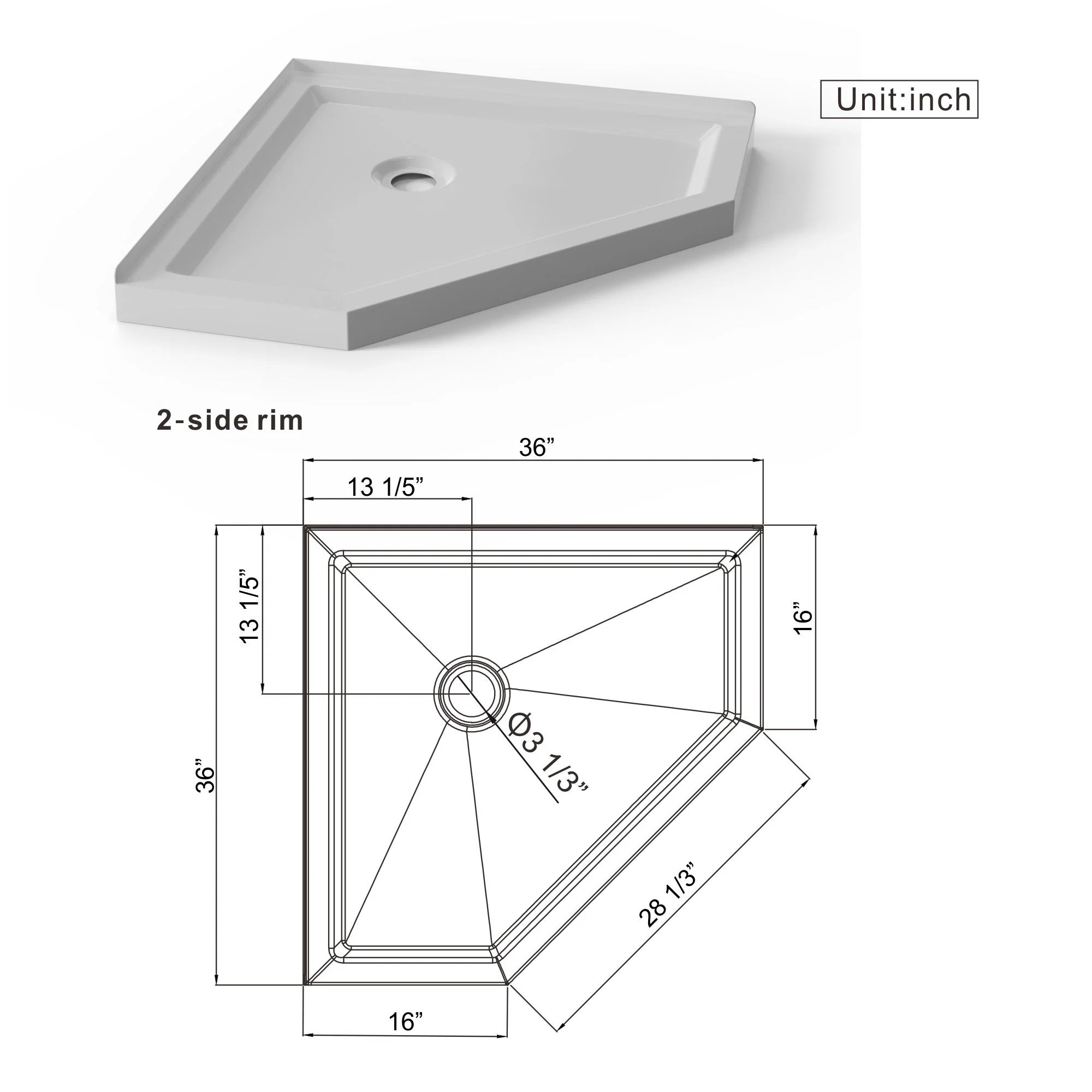Neo Angle Corner Drain Shower Base - White - Image 4