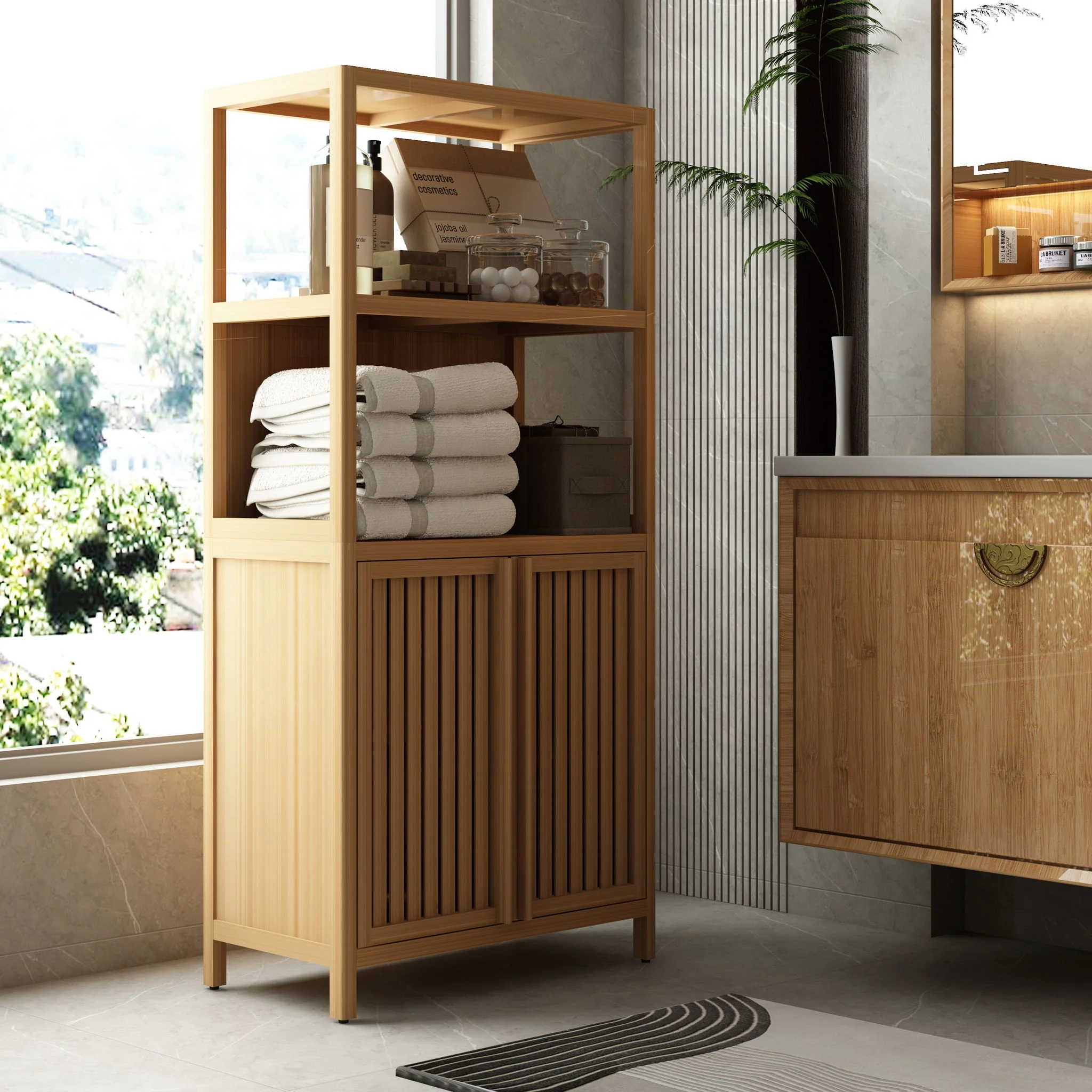 Neutral - Bamboo Storage Cabinet Freestanding With 2 Doors For Bathroom, Living Room, Kitchen, And Entryway - Neutral - Image 5