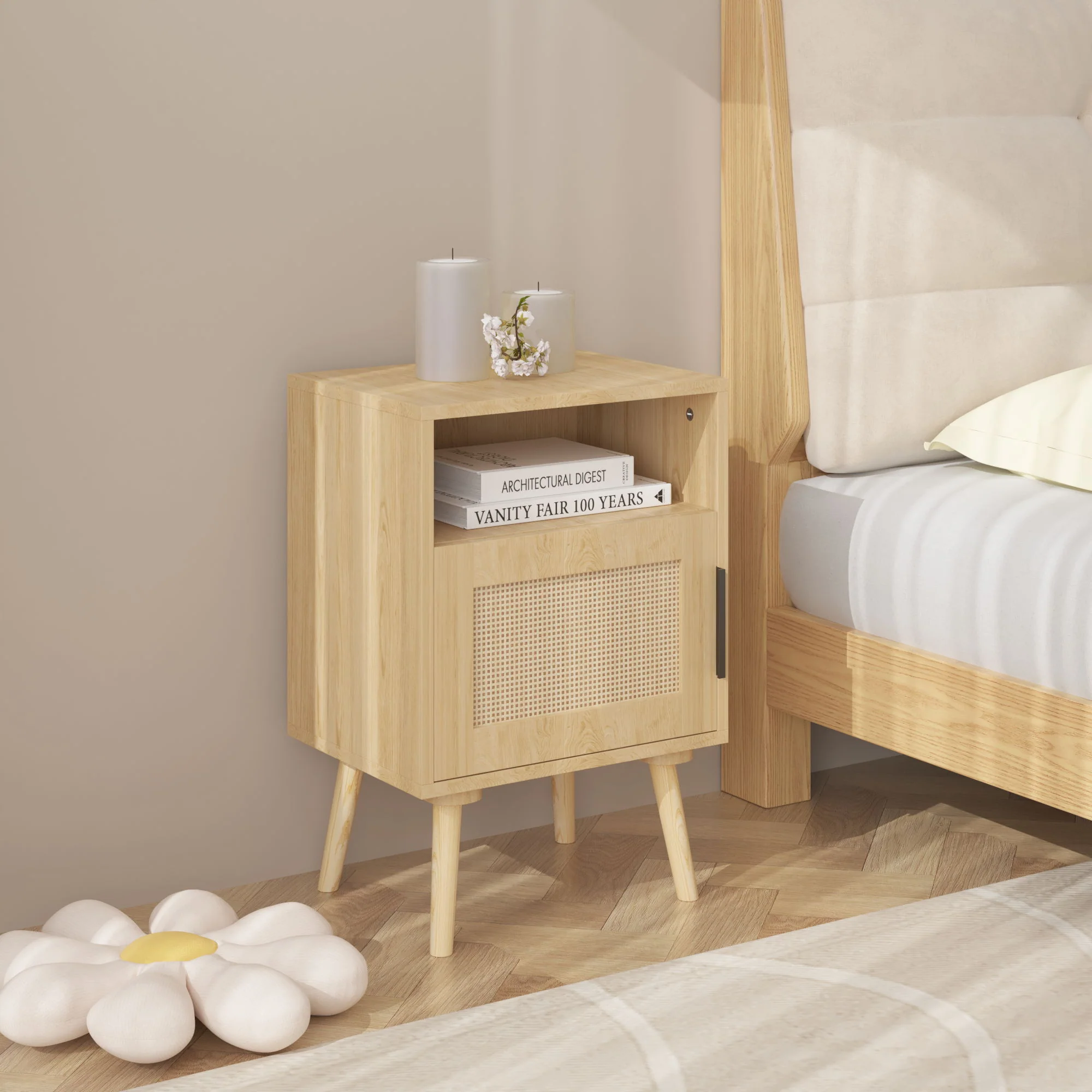 Nightstand, Side Table With Door And Open Shelf For Bedroom - Oak - Image 2