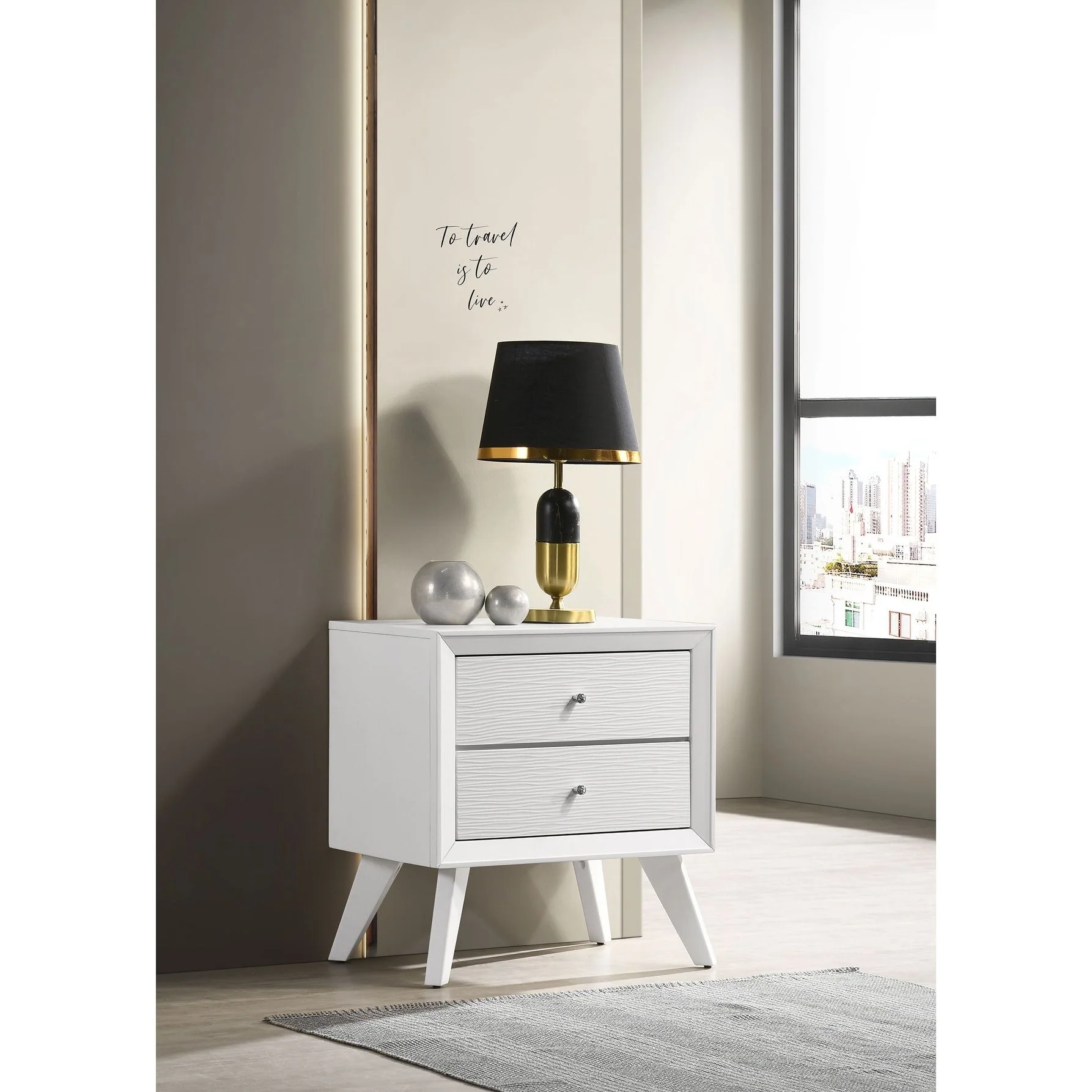 Nightstand With Angled Legs, Round Knobs, Wave Texture, 2 Drawer Bedside Table - White - Image 3