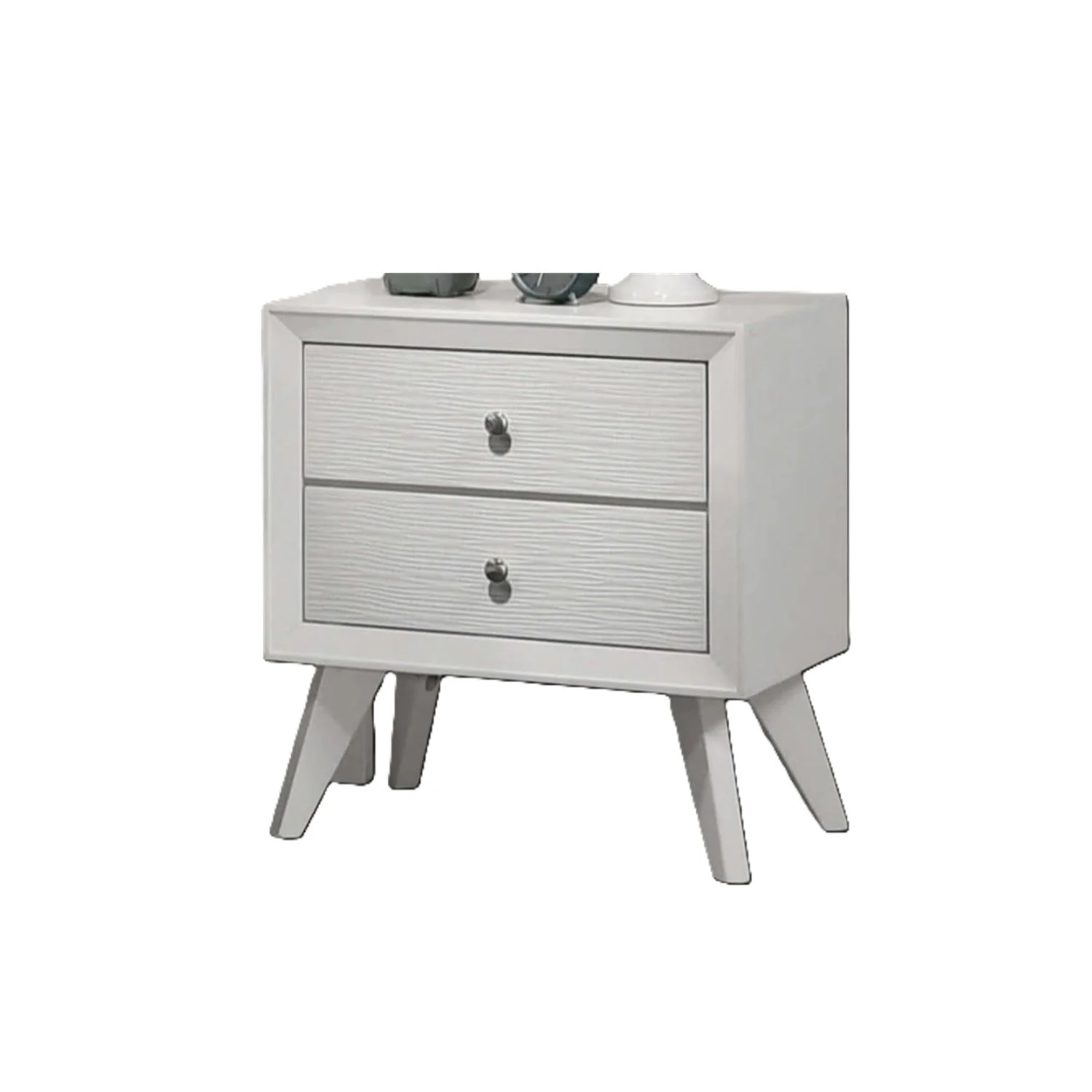 Nightstand With Angled Legs, Round Knobs, Wave Texture, 2 Drawer Bedside Table - White - Image 4