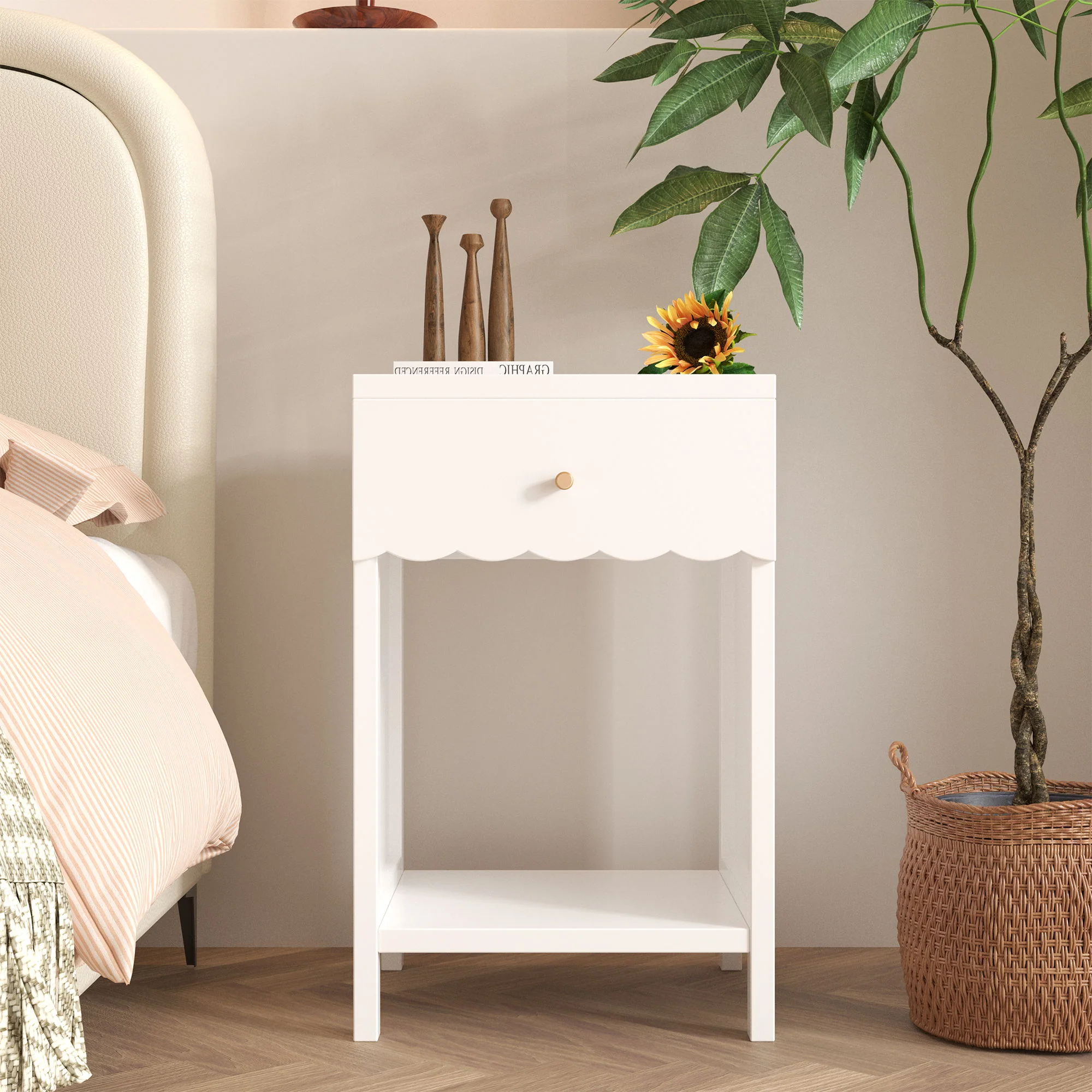 Nightstand With Drawer And Open Shelf, Scalloped Edge Bedside Table - Image 9