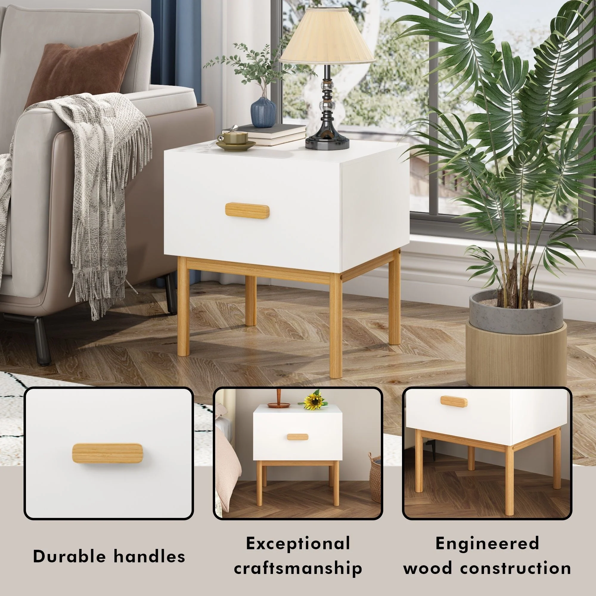 Nightstand With Drawer, Minimalist Bedside Table With Handle For Bedroom - White - Image 9