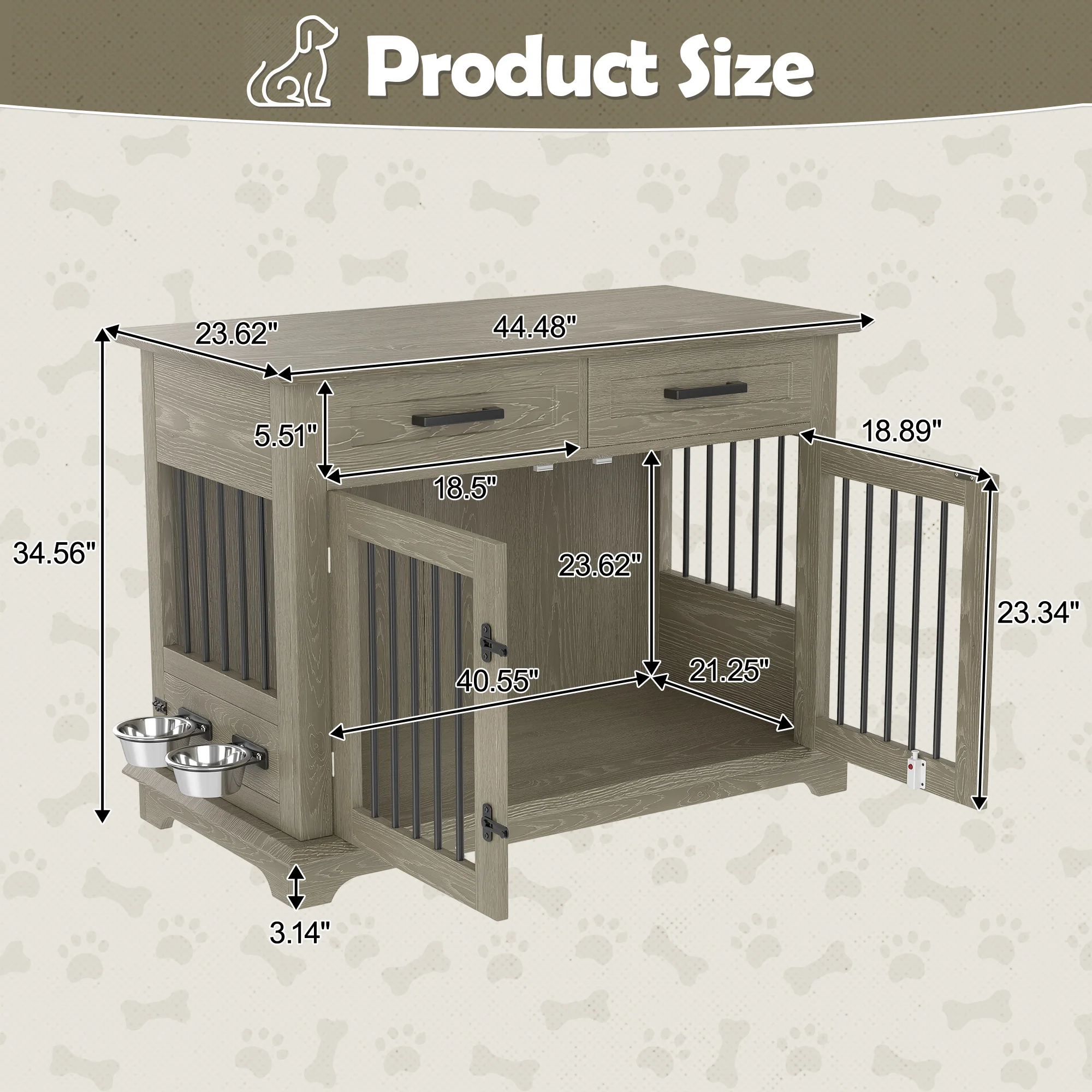 Obsidian 44-Inch Dog Crate Furniture End Table with 2 Drawers and Swivel Bowls - Image 19