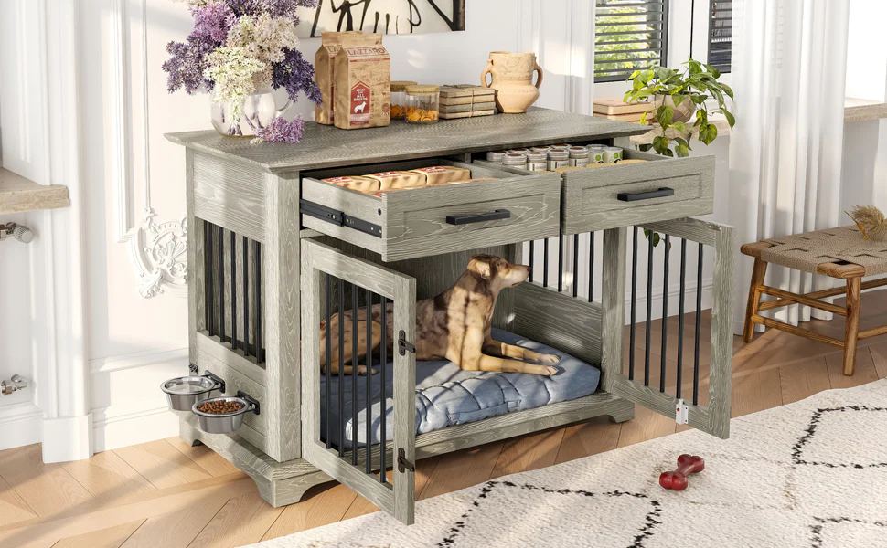 Obsidian 44-Inch Dog Crate Furniture End Table with 2 Drawers and Swivel Bowls - Image 21