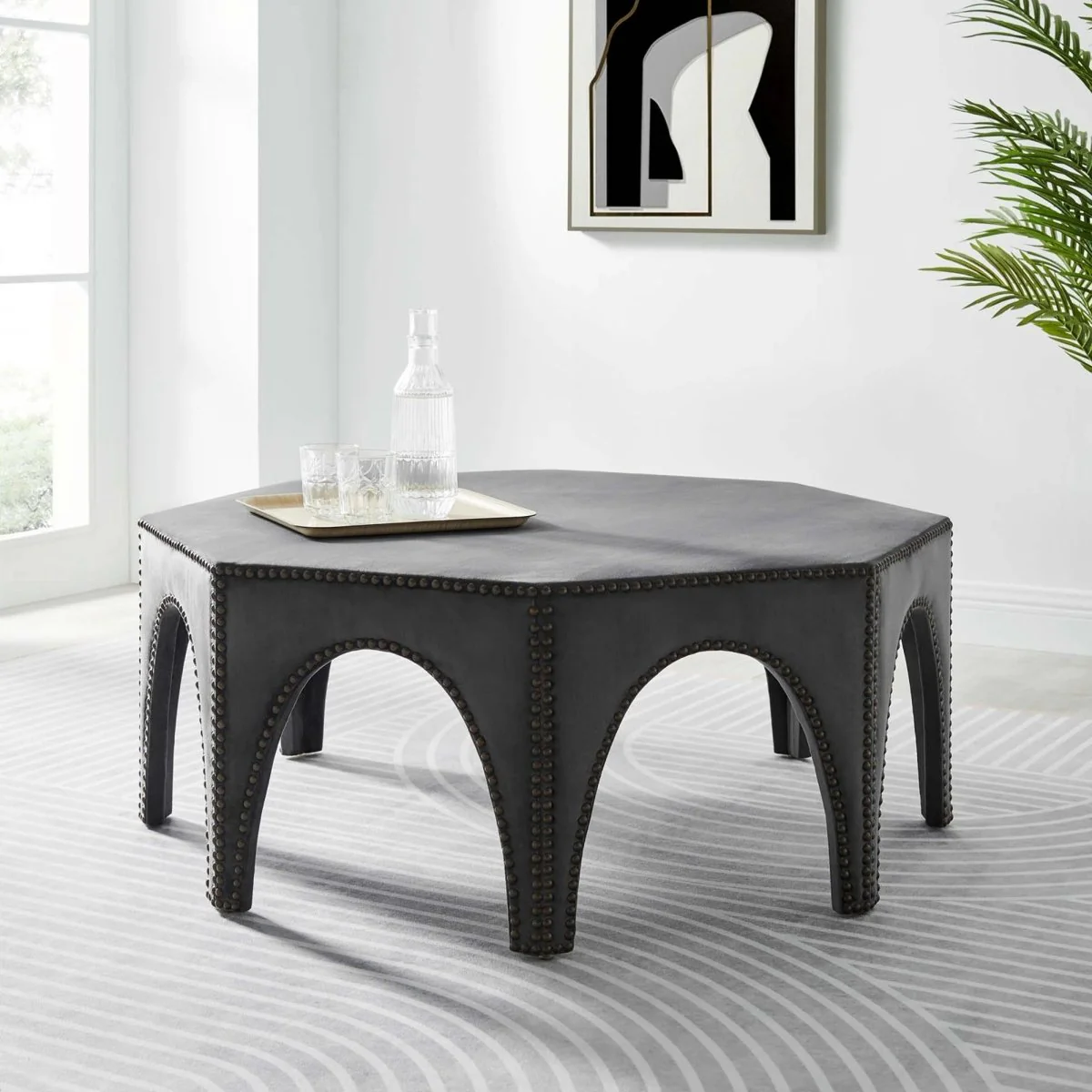 Octagon Velvet Ottoman with Nailhead Trim – 44 Inch - Image 2