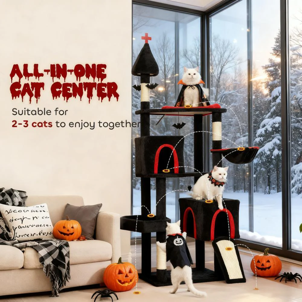 Onyx 78-Inch Gothic Castle Cat Tree with Coffin Bed and Bat Teasers - Image 7