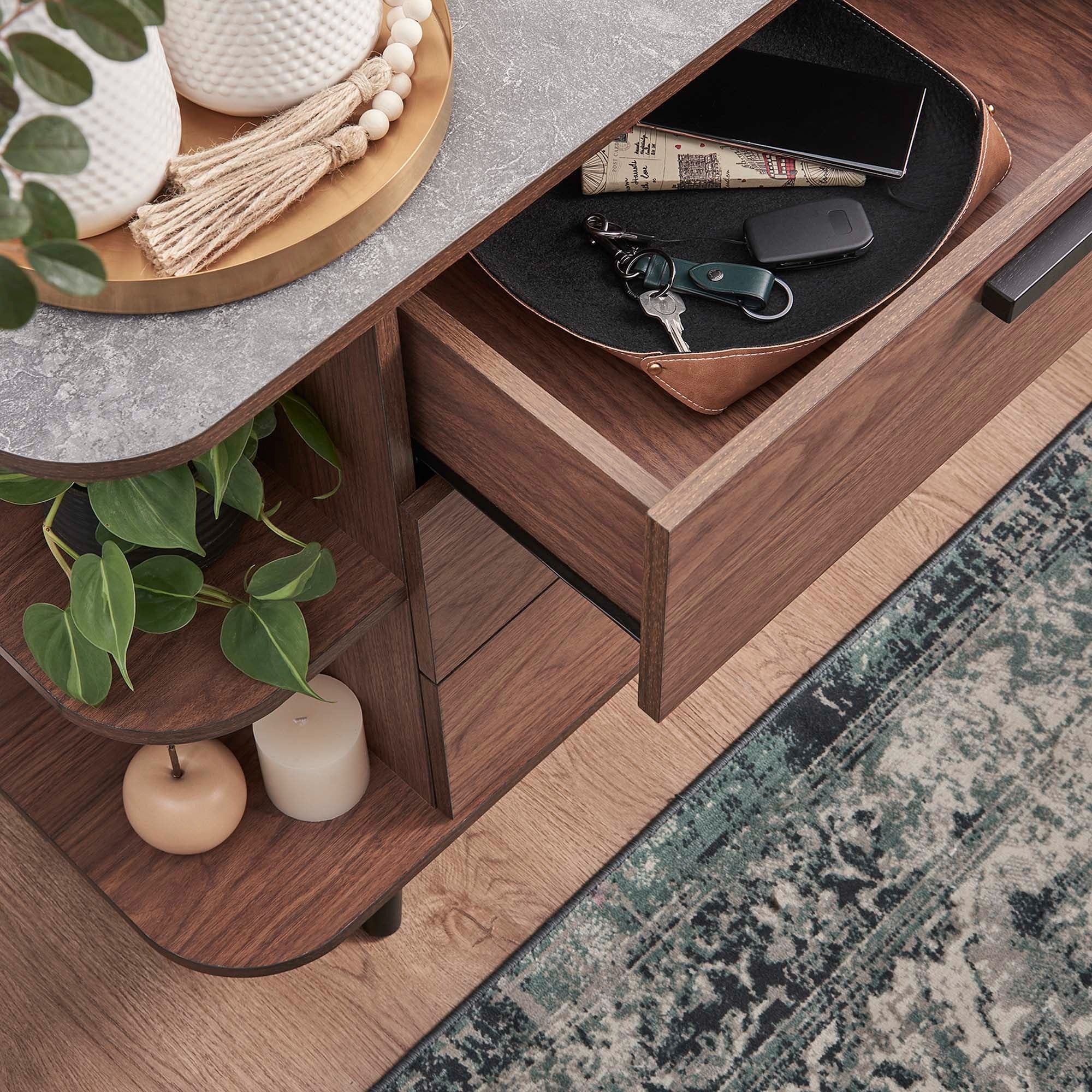 Open Display Sideboard Storage Cabinet with Drawers – Wood Grain Stone Top 63 Inch - Image 6