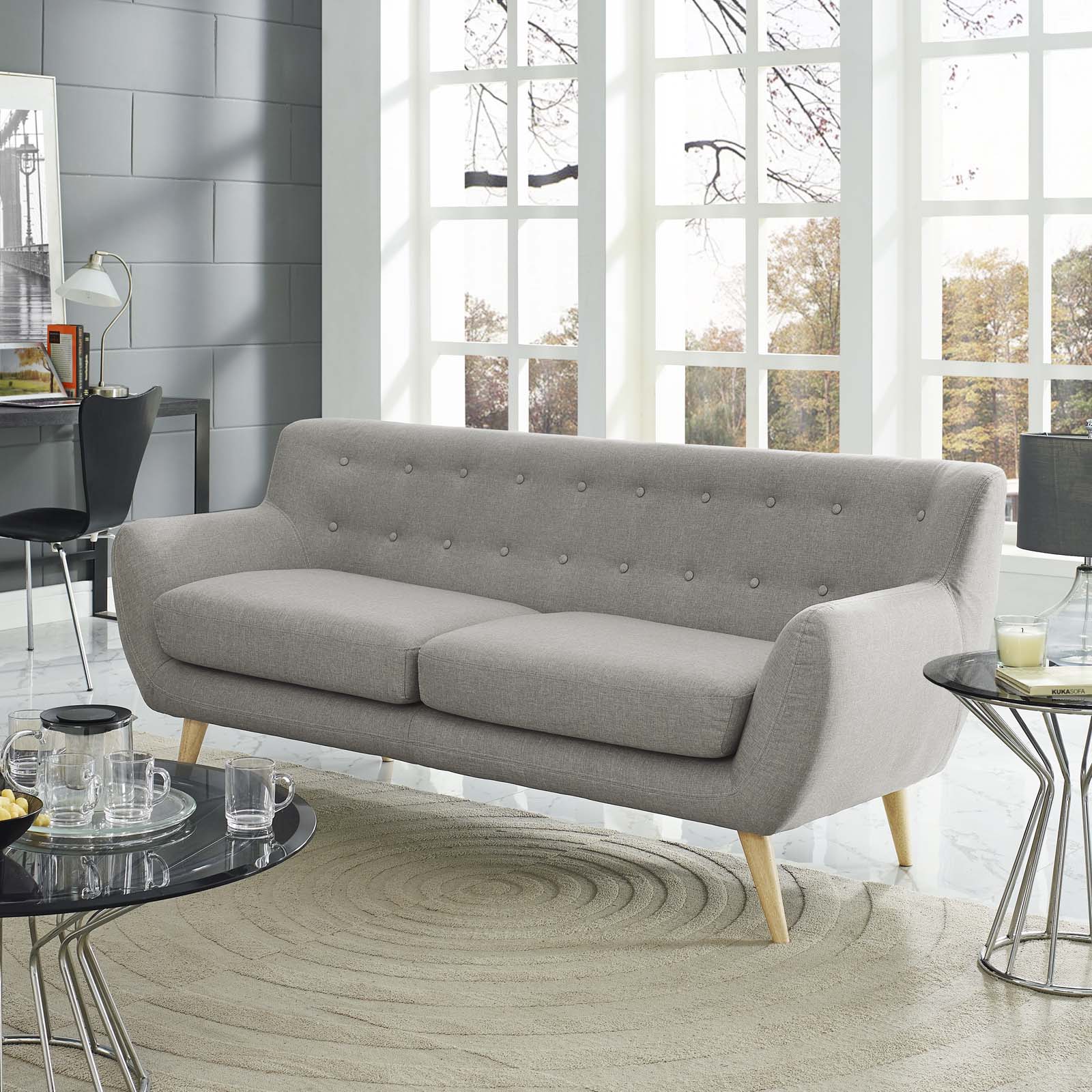 Organic Shaped Fabric Sofa with Natural Wood Dowel Legs - Image 12