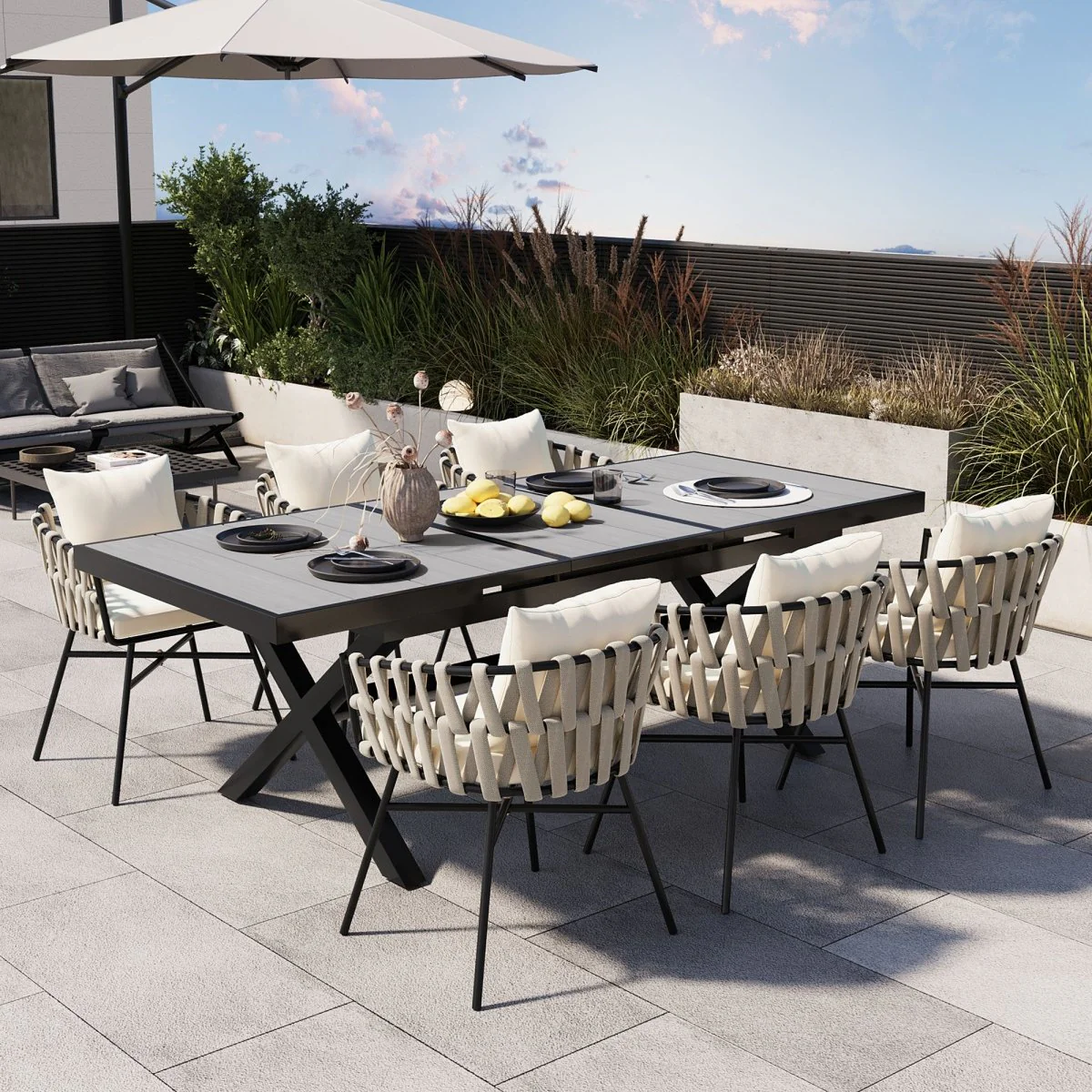 Orinvale 7 Piece Outdoor Dining Set with Woven Tape Chairs and Extendable Table - Image 2