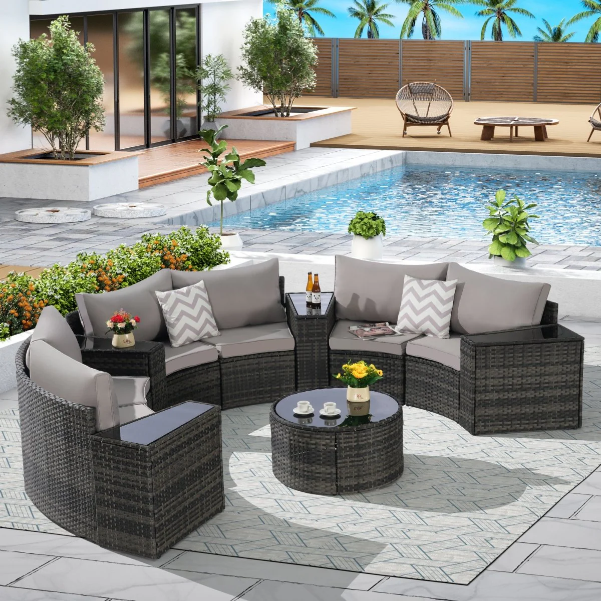 Orvana 11-Piece Half-Moon Outdoor Wicker Sofa Set with Glass Table - Image 2