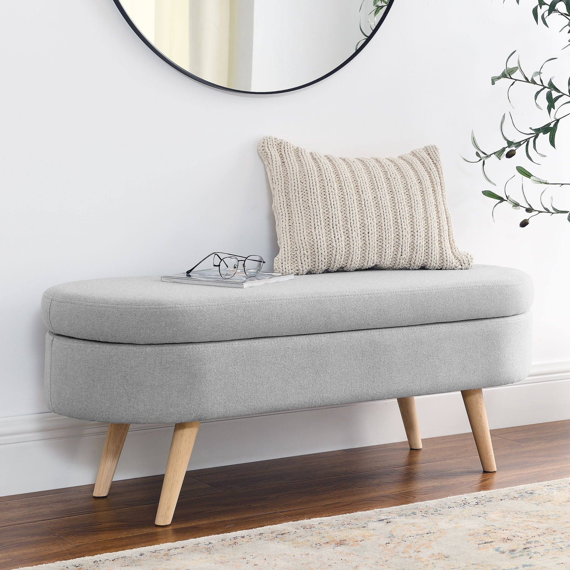 Ottoman Oval Storage Bench With Rubber Wood Legs Linen - Gray - Image 4