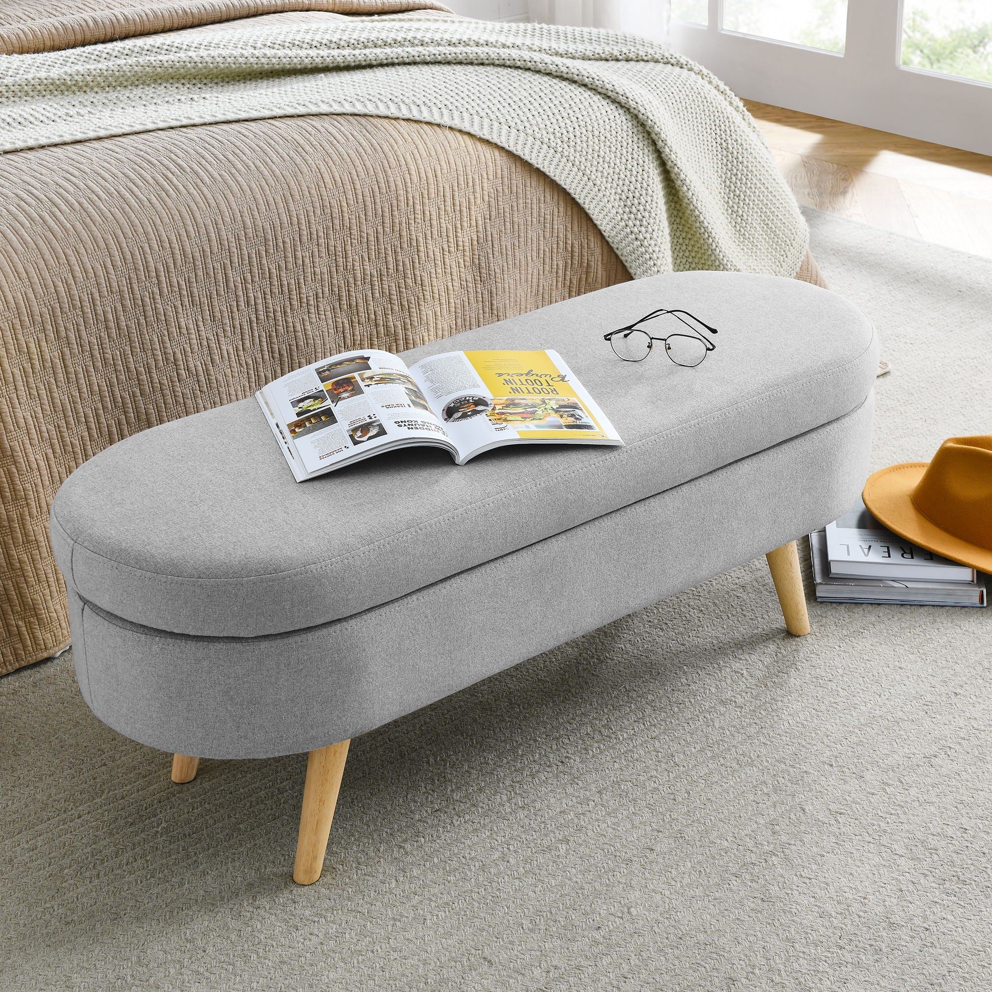Ottoman Oval Storage Bench With Rubber Wood Legs Linen - Gray - Image 7